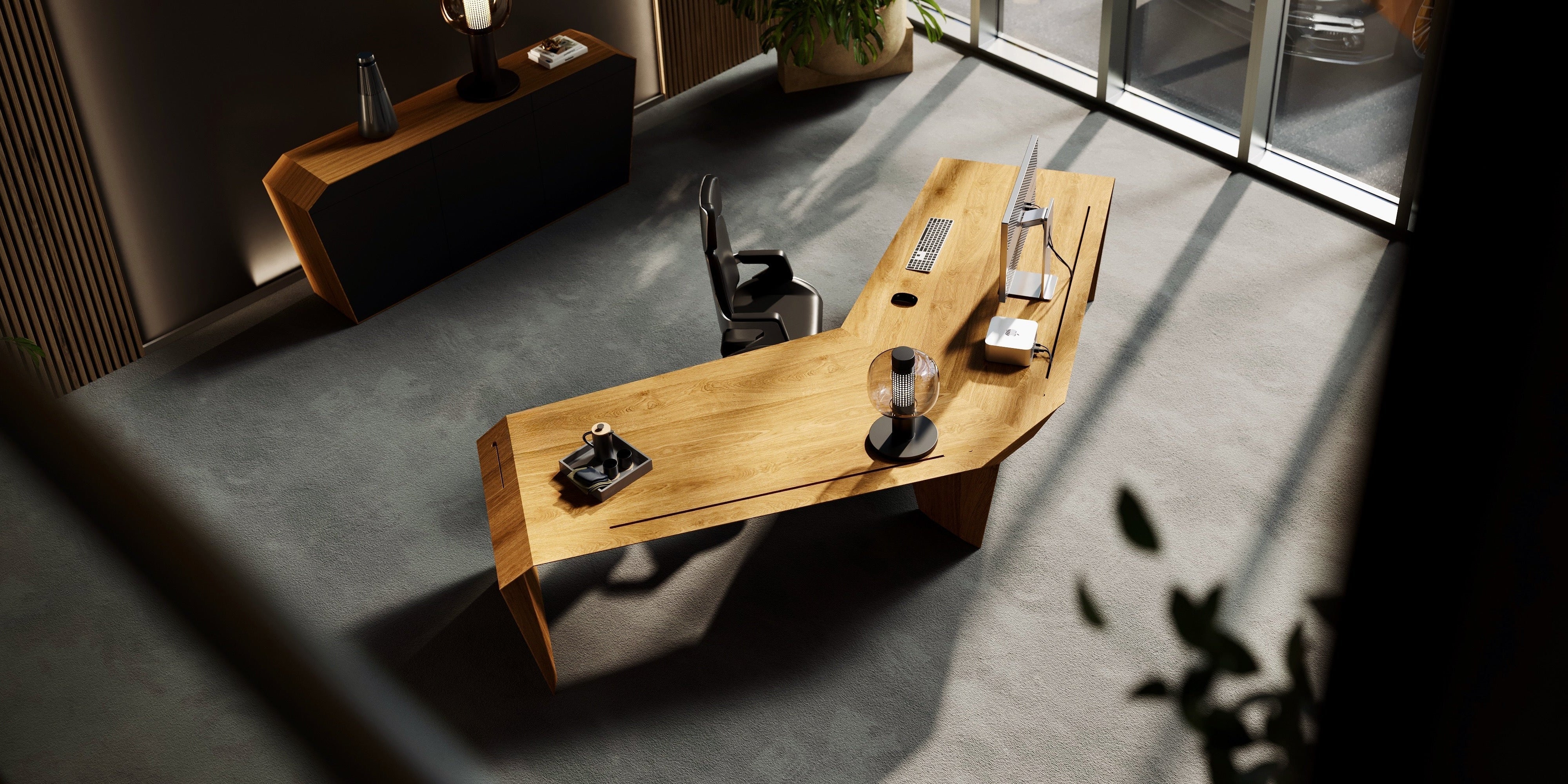 ArcPURE Chefschreibtisch in L-Form aus Massivholz – EDELHOLZ Executive Office