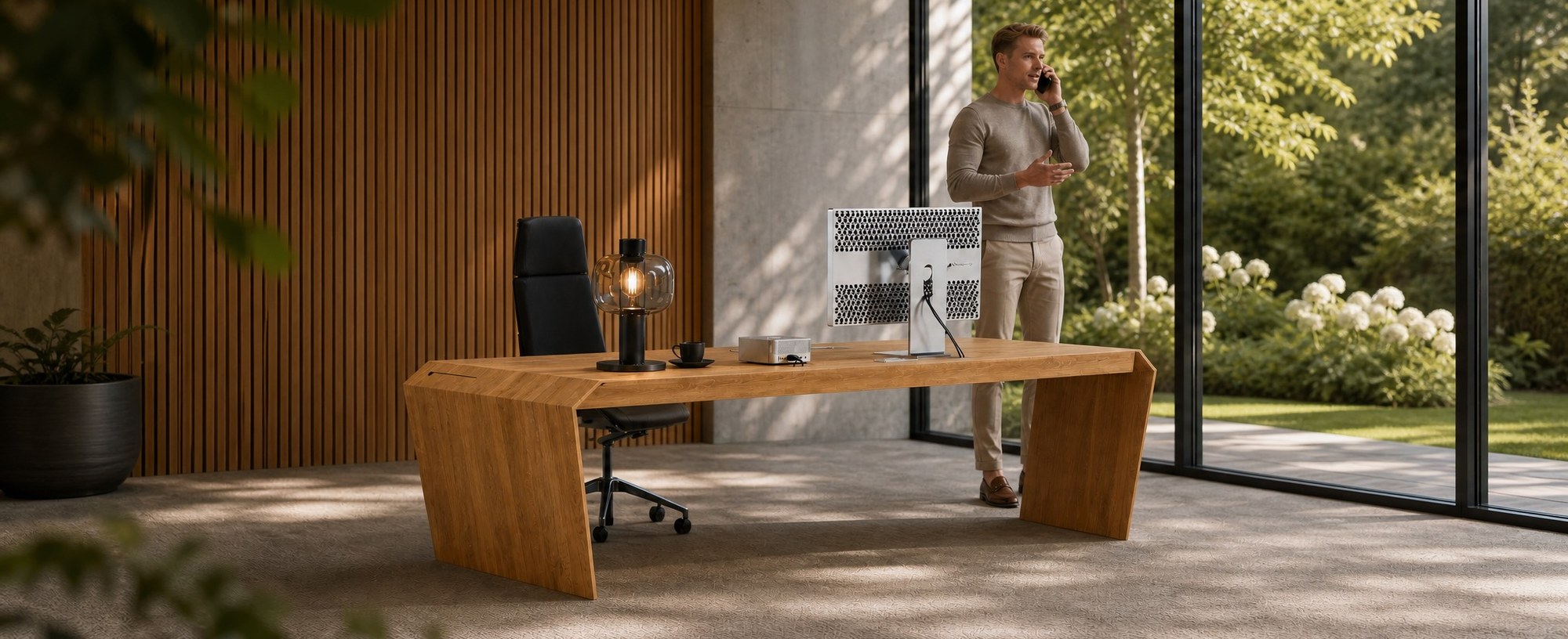 Massivholz-Schreibtisch aus Eiche mit passendem Sideboard in einem hellen, repräsentativen Homeoffice mit großer Fensterfront und Gartenblick