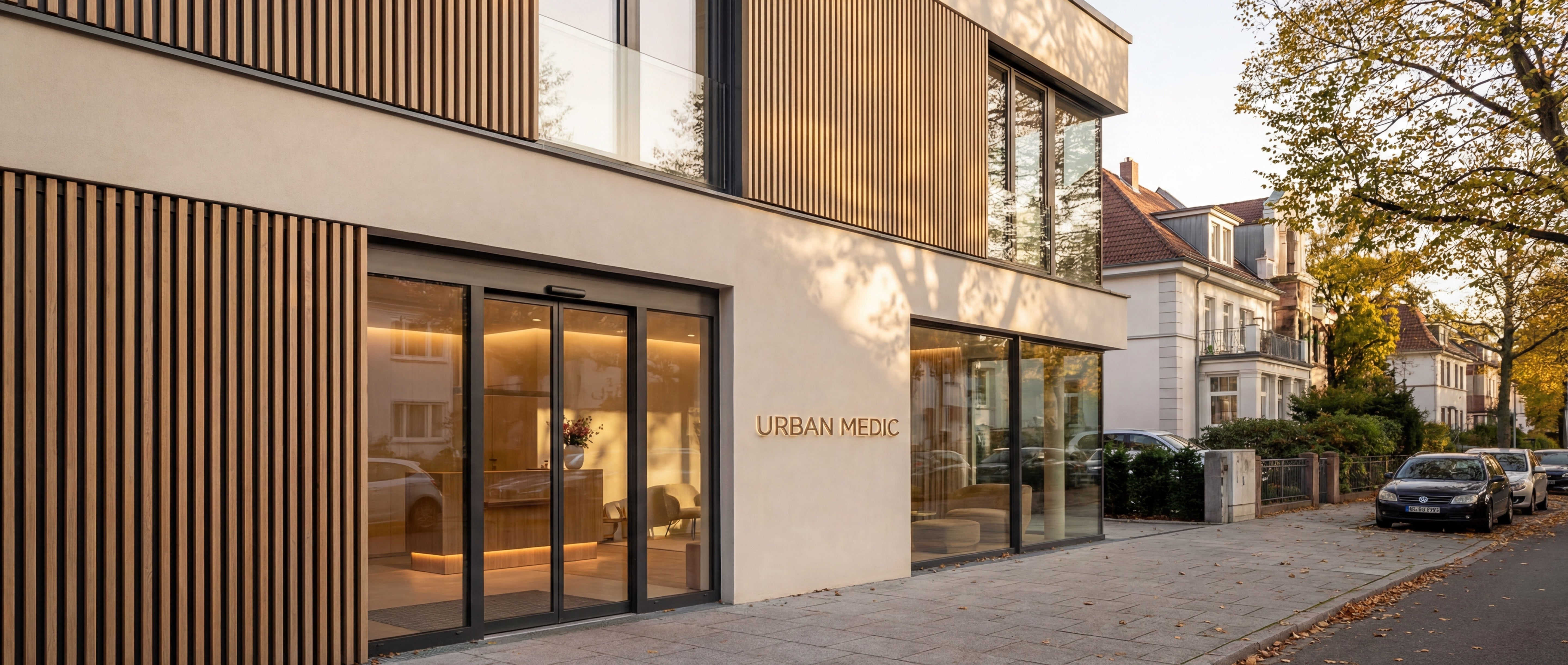 Urban Medic Arztpraxis: Außenansicht mit Holzfassade und Eingangsbereich