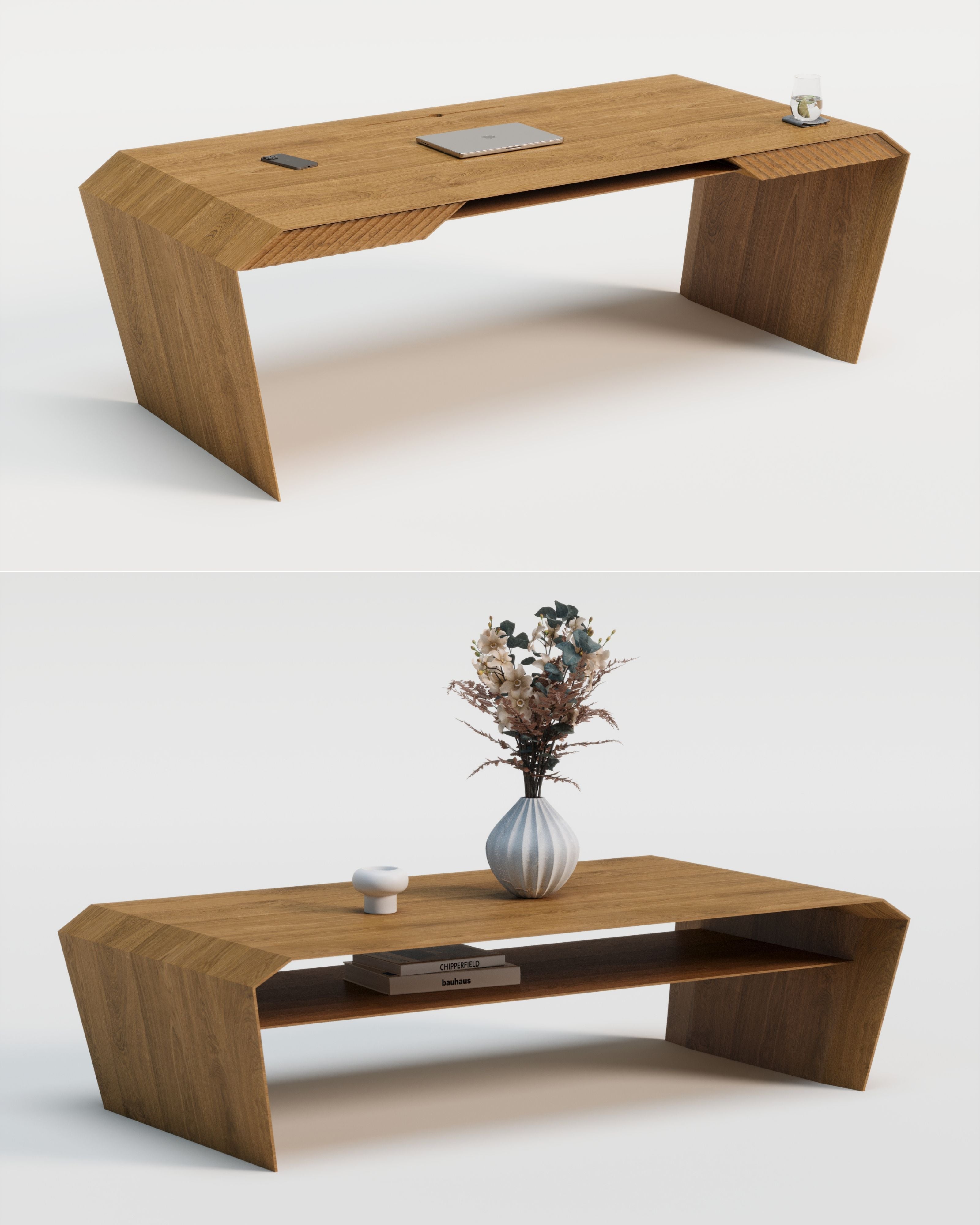 Design-Schreibtisch & Couchtisch aus Massivholz
