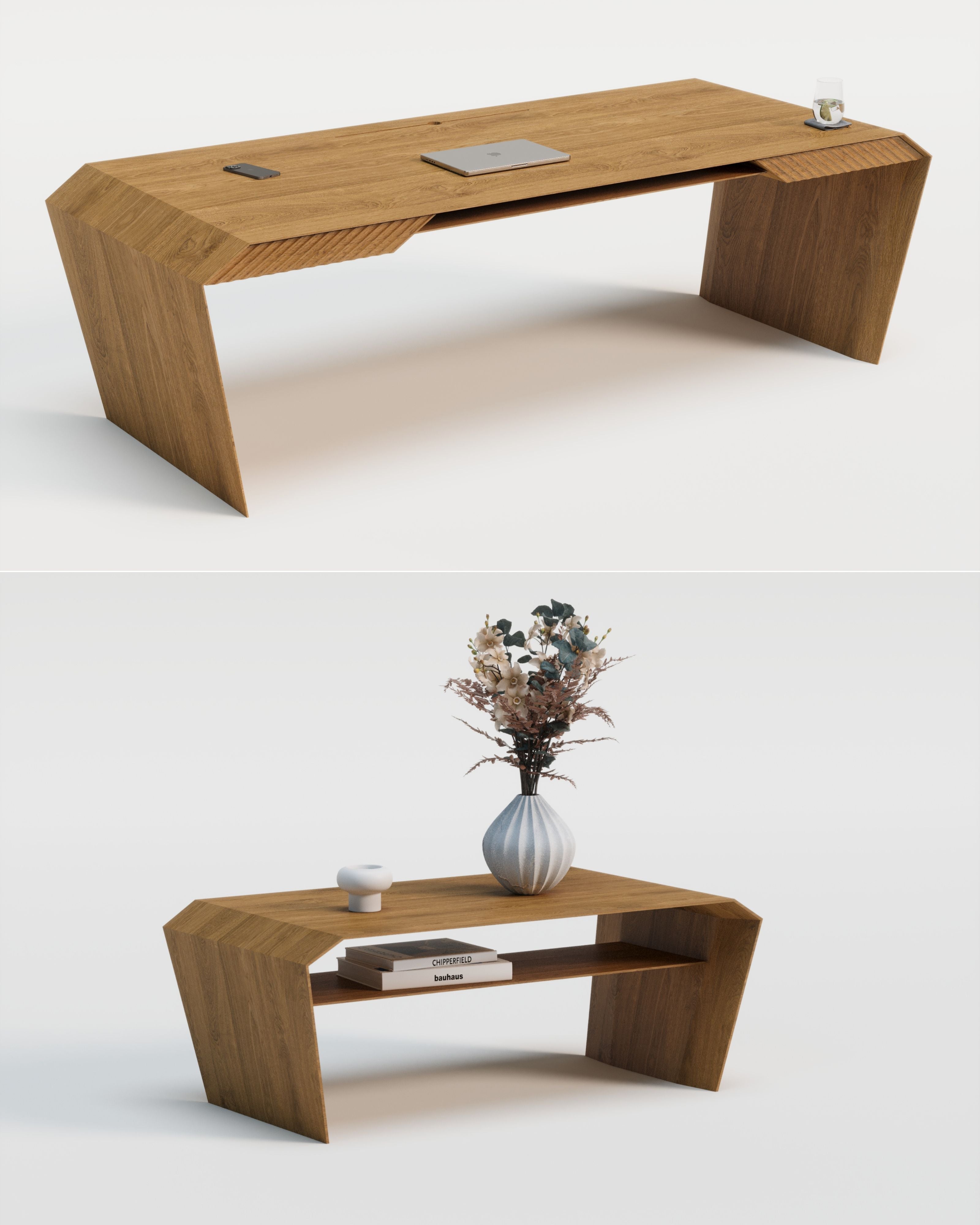 Design-Schreibtisch & Couchtisch aus Massivholz