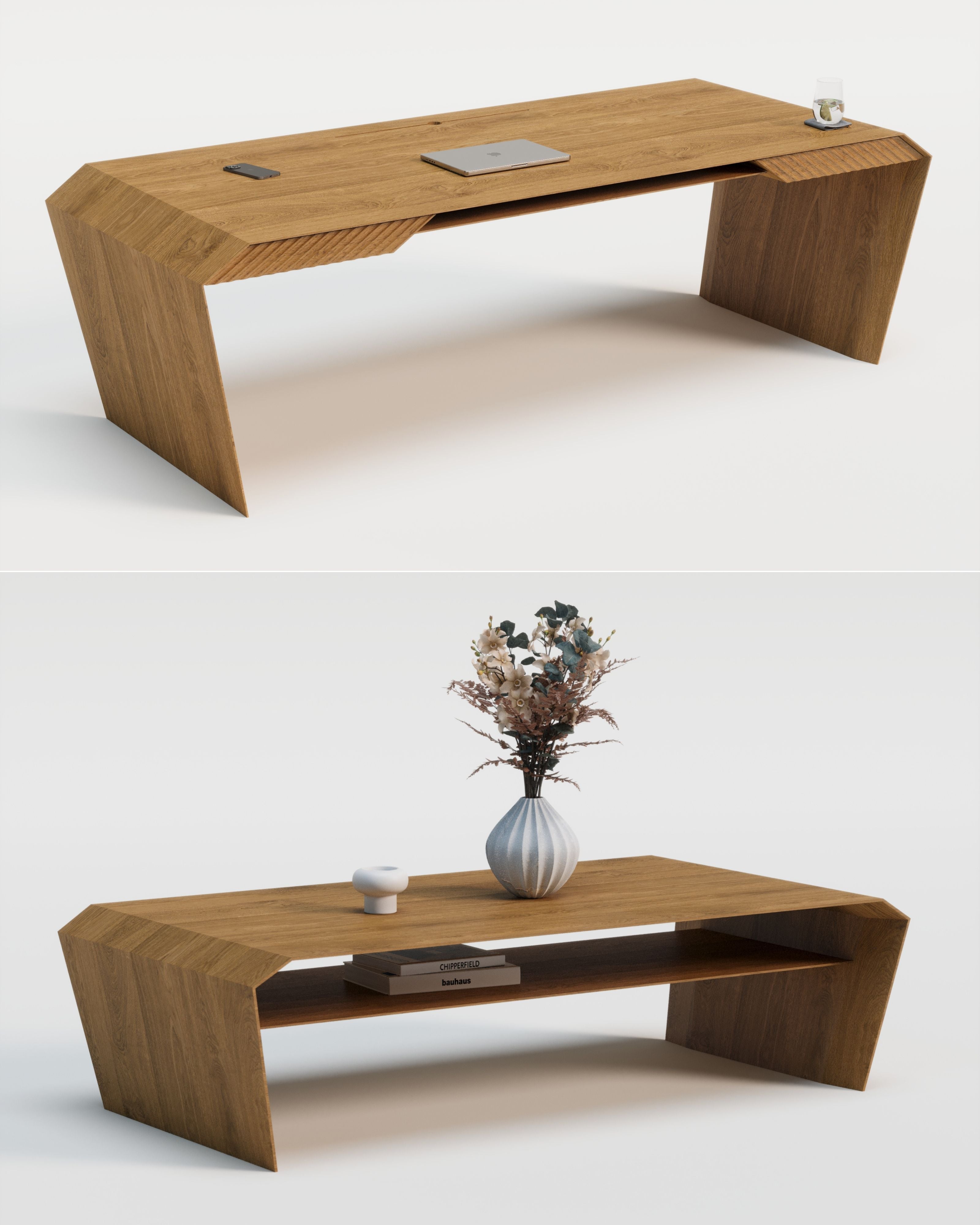 Design-Schreibtisch & Couchtisch aus Massivholz