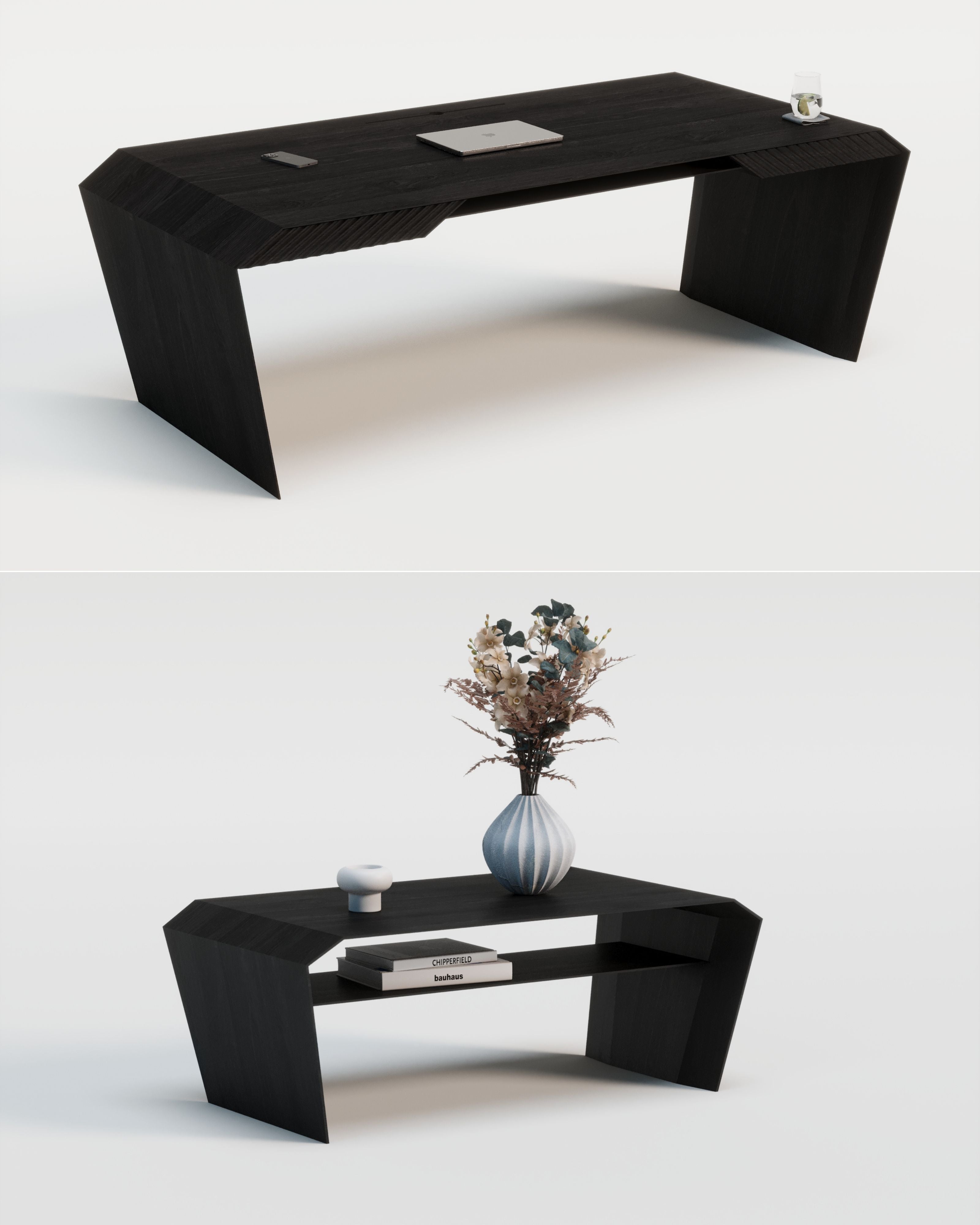 Design-Schreibtisch & Couchtisch aus Massivholz