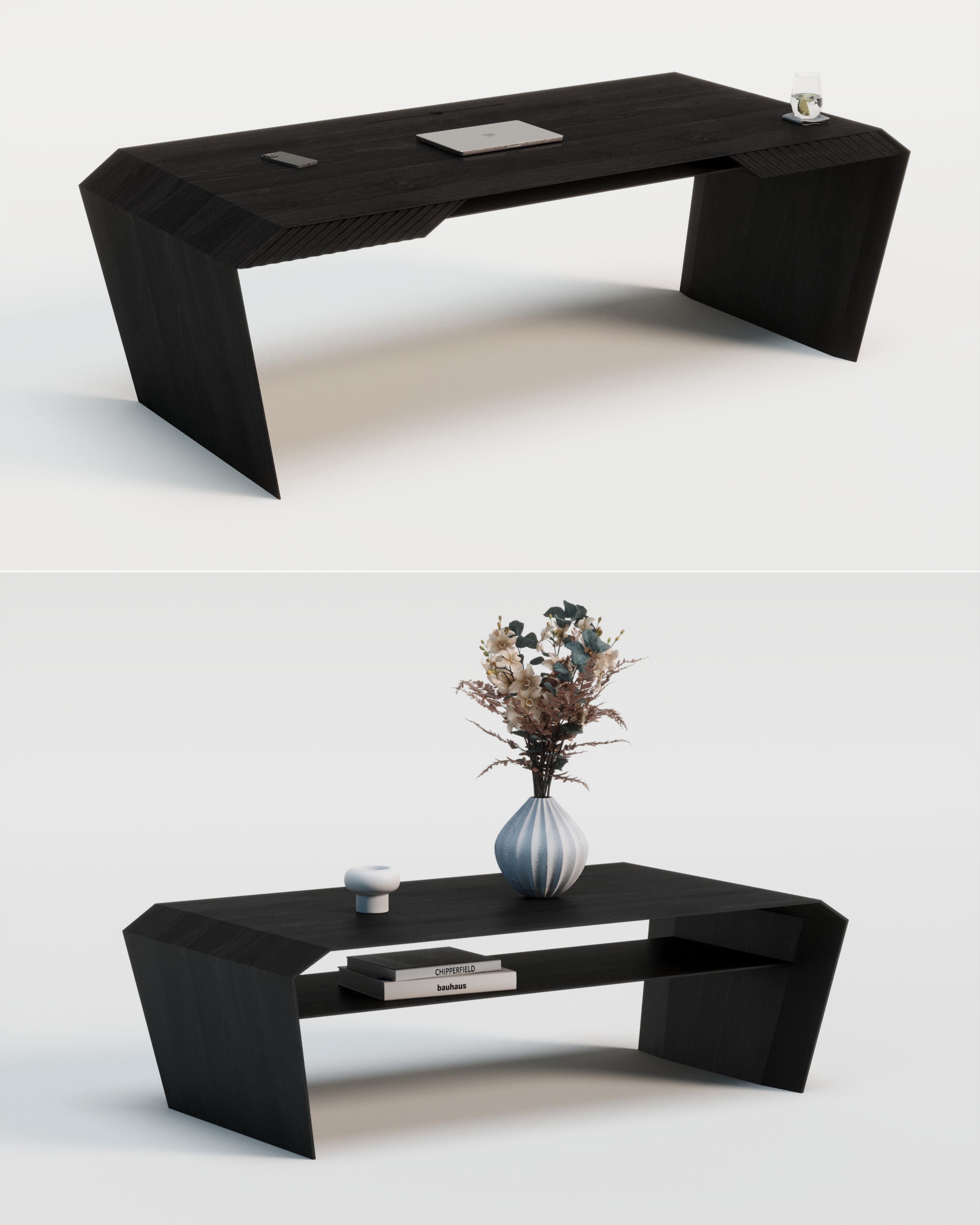 Design-Schreibtisch & Couchtisch aus Massivholz