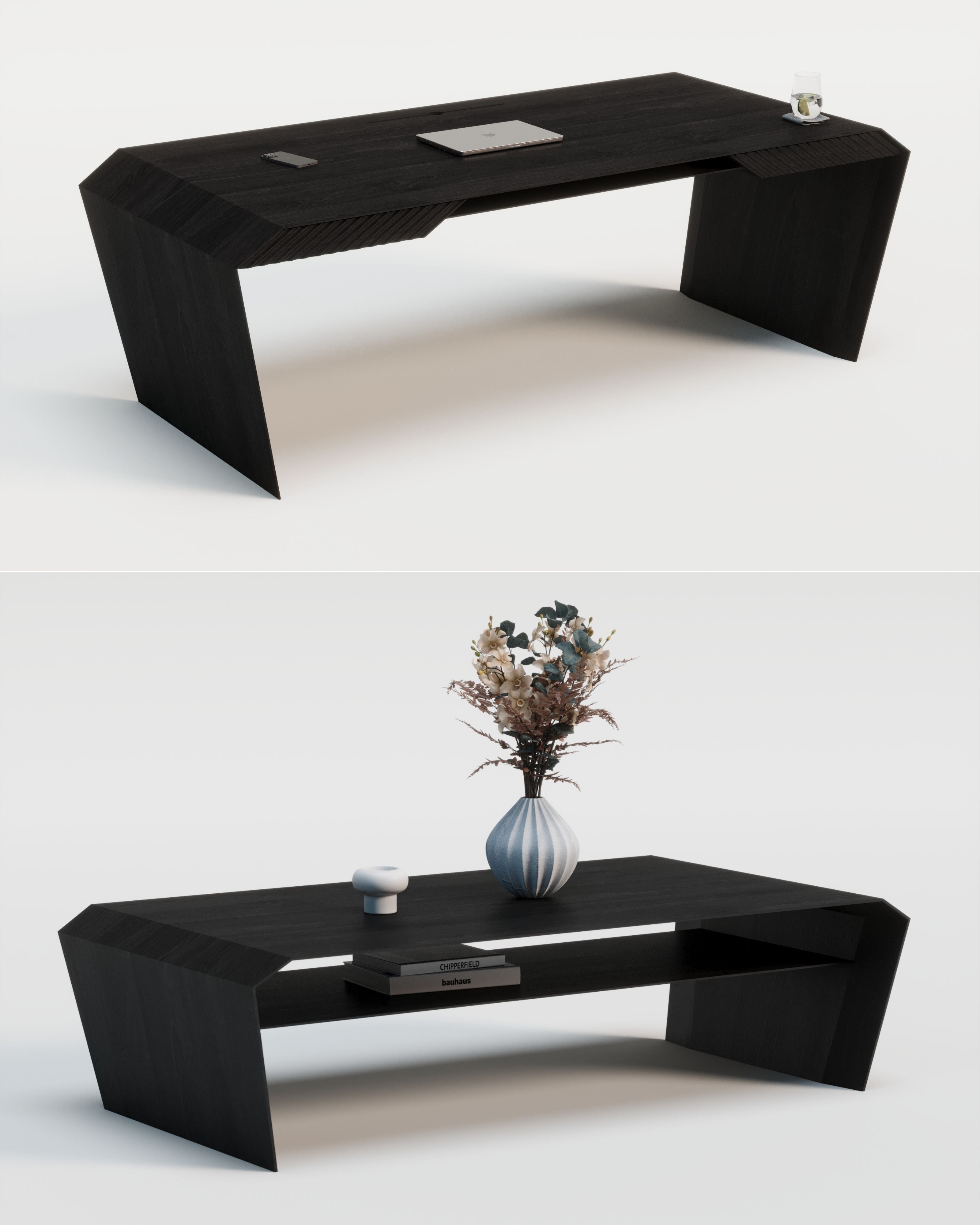 Design-Schreibtisch & Couchtisch aus Massivholz
