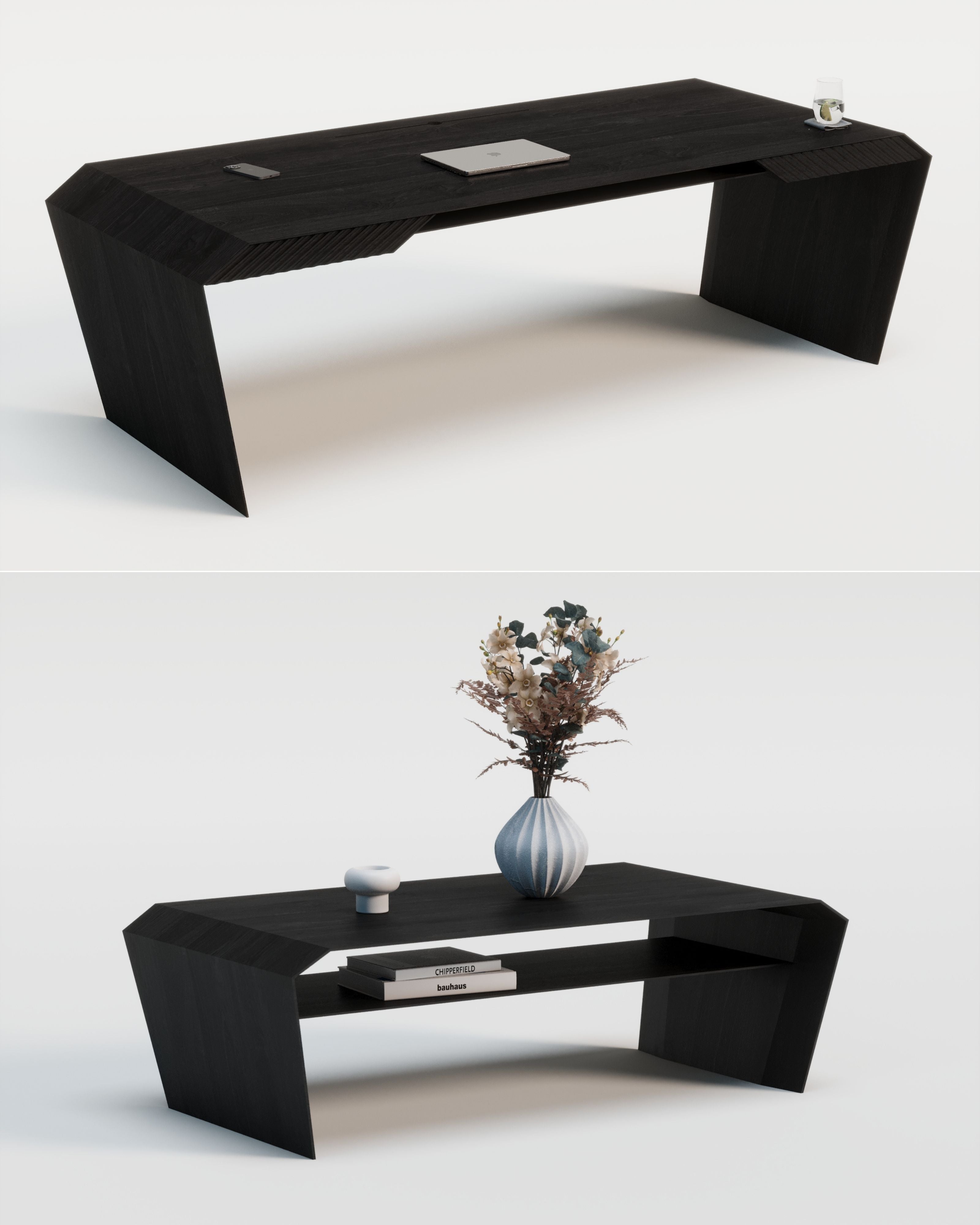 Design-Schreibtisch & Couchtisch aus Massivholz