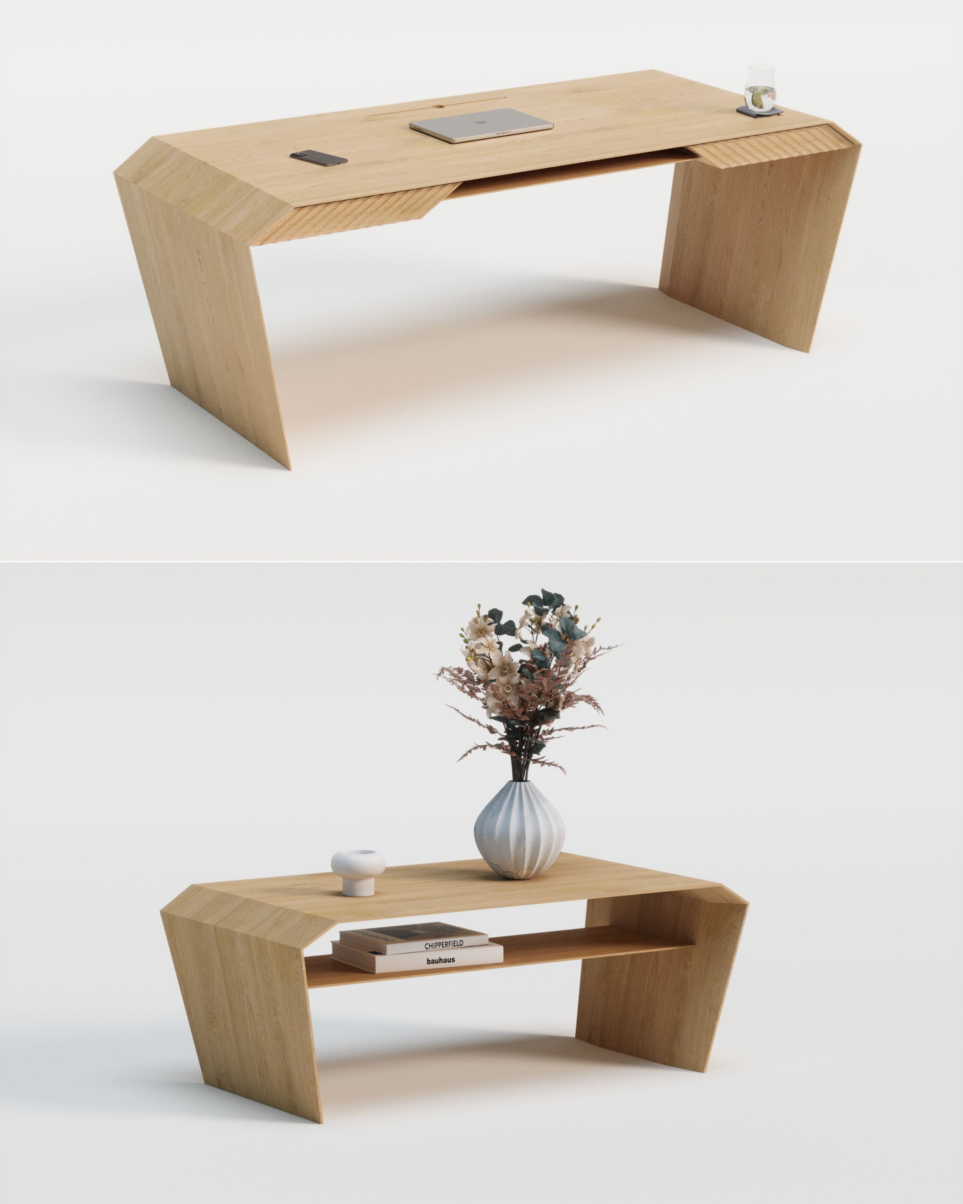 Design-Schreibtisch & Couchtisch aus Massivholz