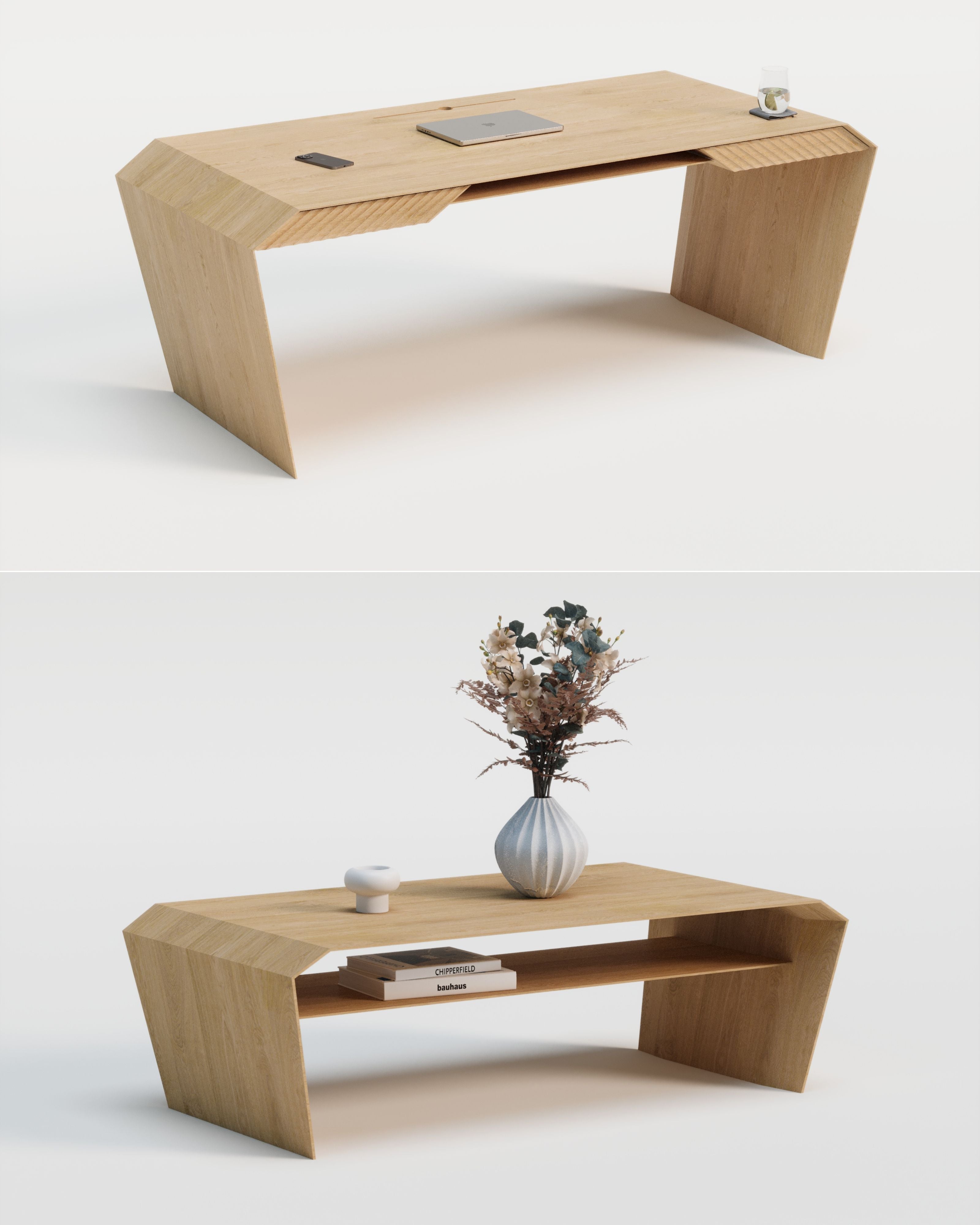Design-Schreibtisch & Couchtisch aus Massivholz