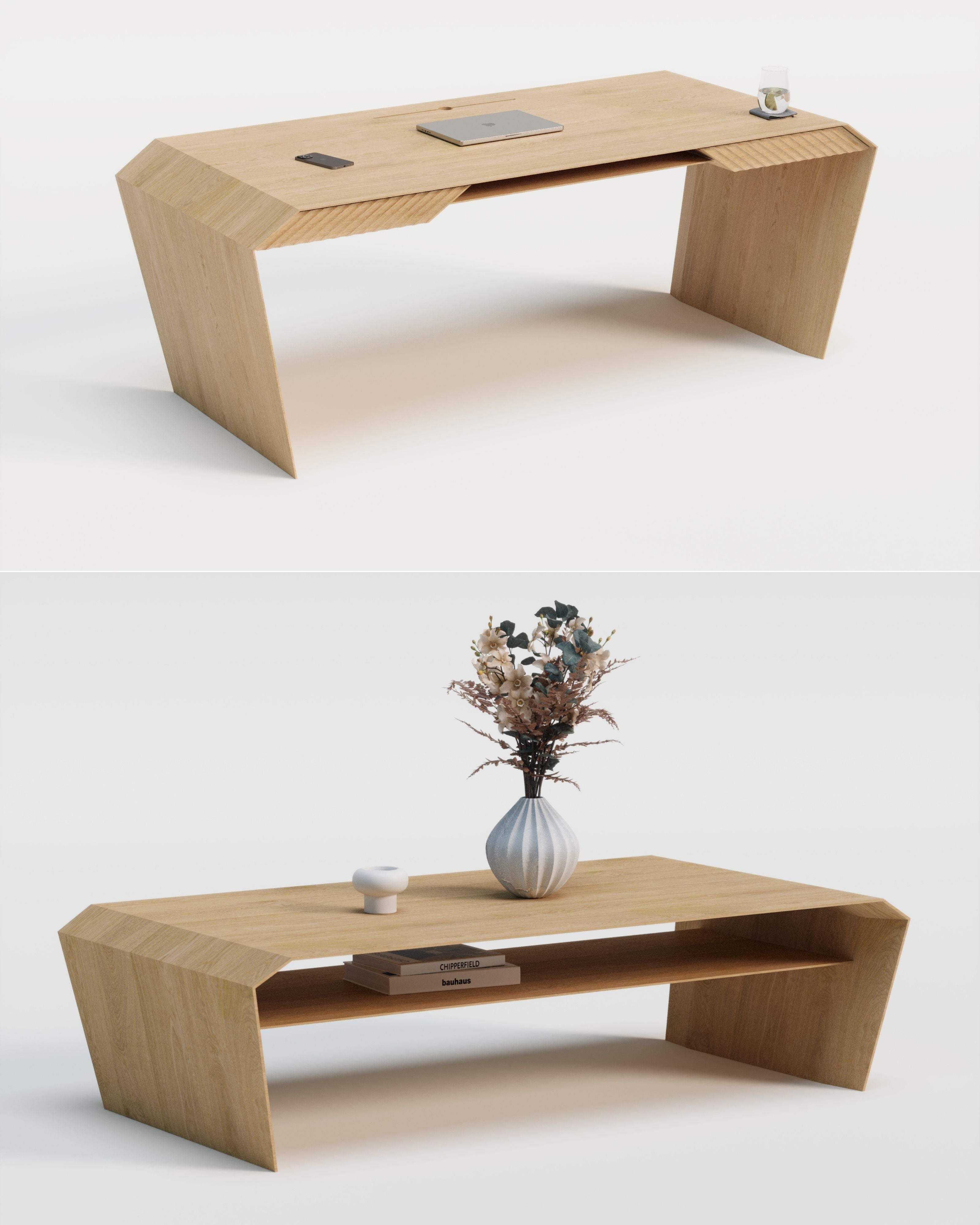 Design-Schreibtisch & Couchtisch aus Massivholz
