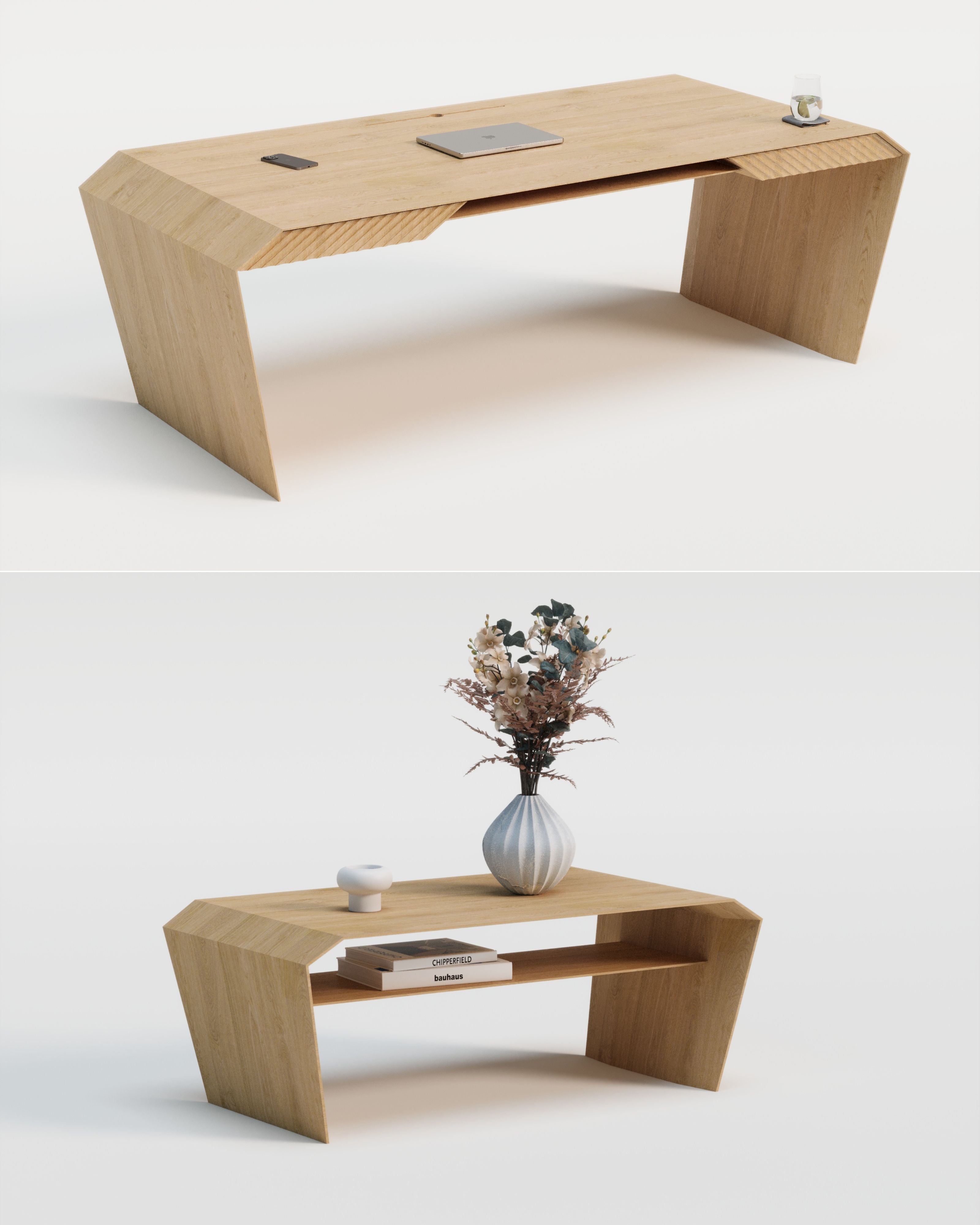Design-Schreibtisch & Couchtisch aus Massivholz
