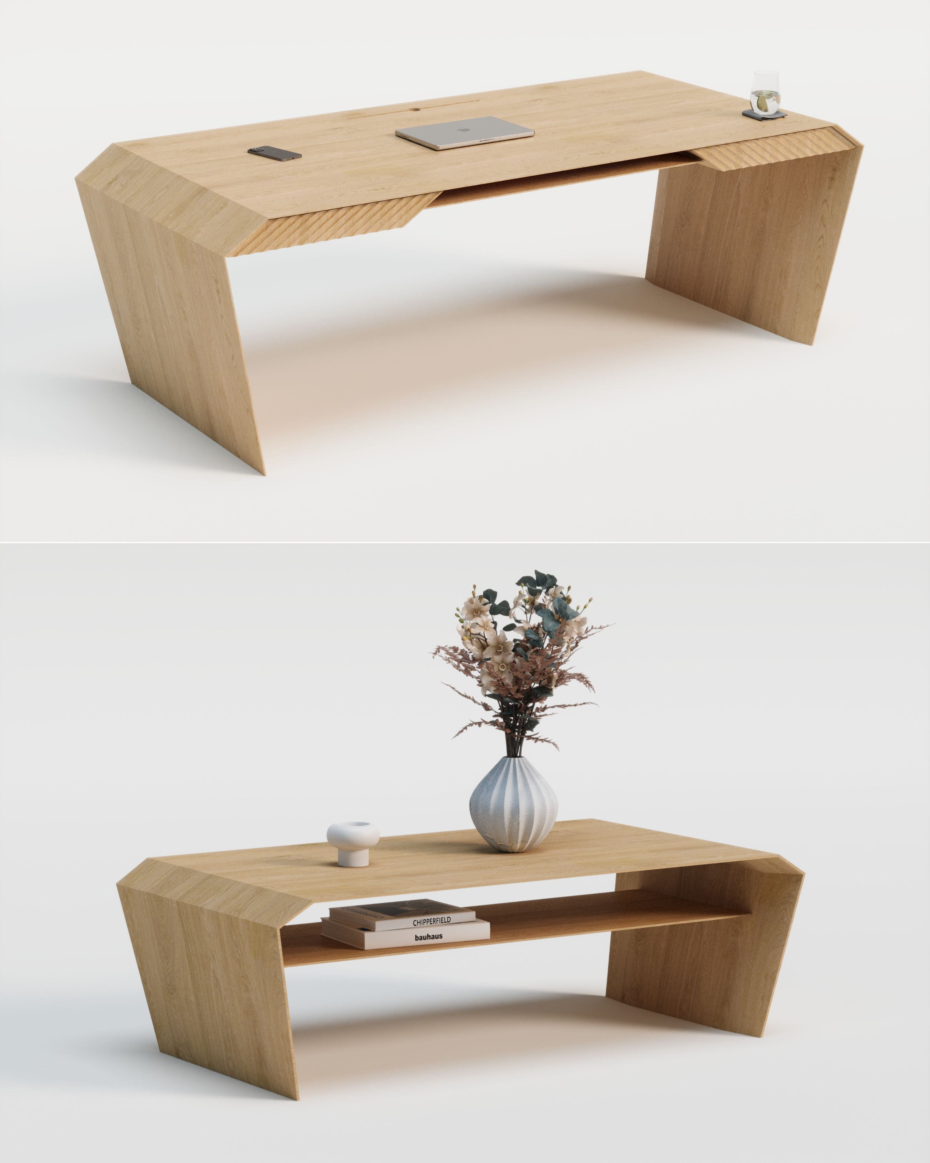 Design-Schreibtisch & Couchtisch aus Massivholz