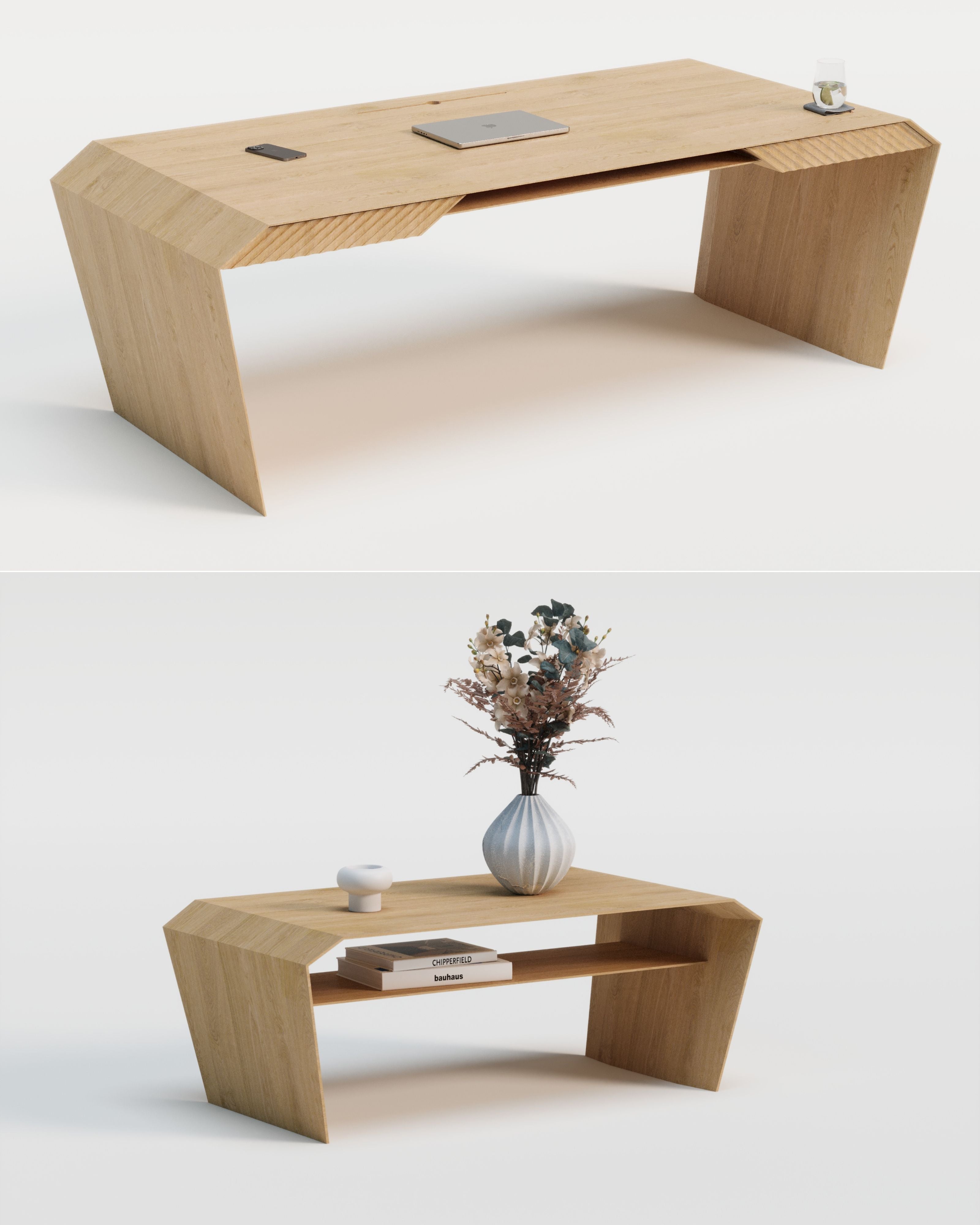 Design-Schreibtisch & Couchtisch aus Massivholz