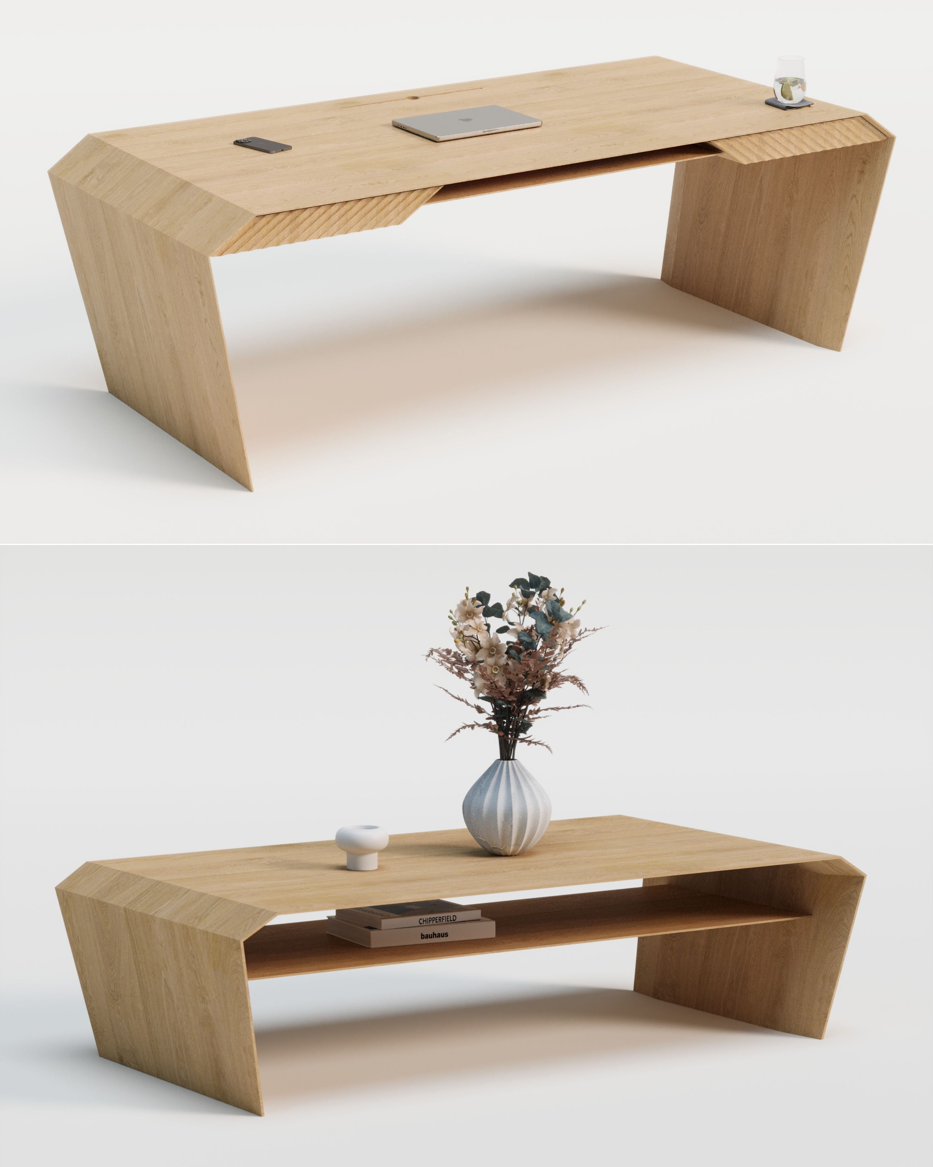Design-Schreibtisch & Couchtisch aus Massivholz