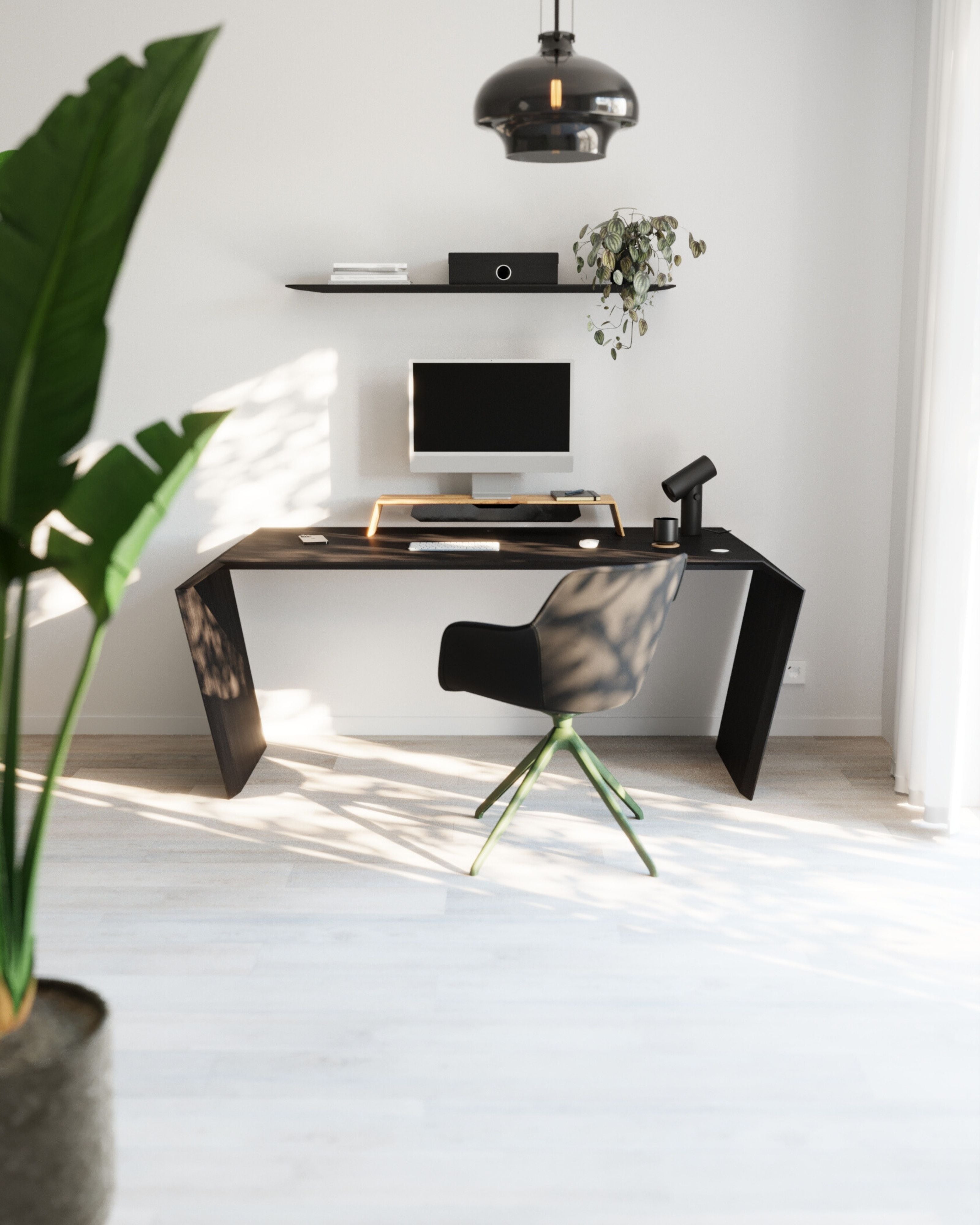 EDELHOLZ DeskPURE Schreibtisch in Midnight Noir mit iMac, ShelfPURE Wandregal und Drehstuhl im hellen Home Office im Studio-Render