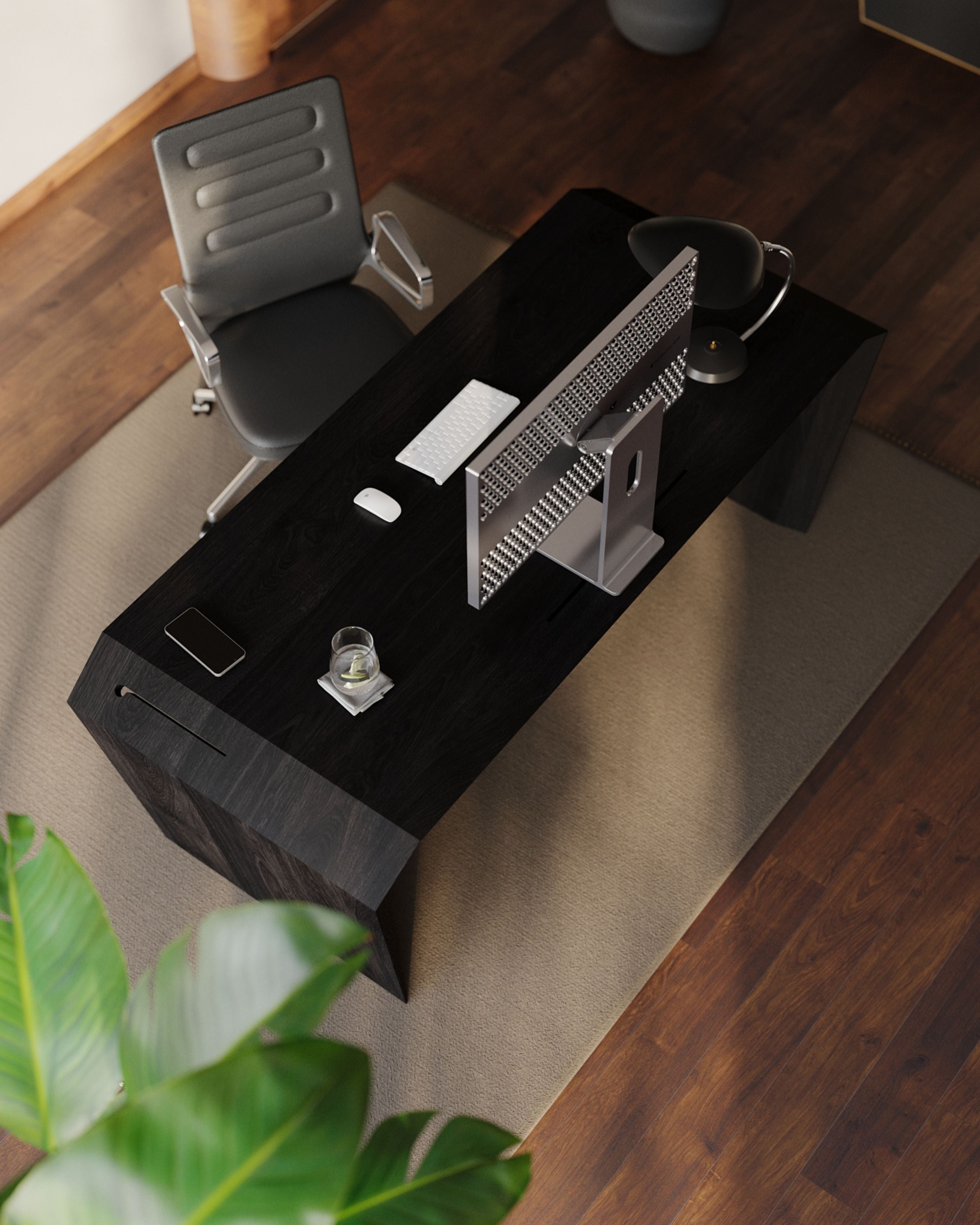 EDELHOLZ DeskPRO Schreibtisch in Midnight Noir mit Mittelfach von oben fotografiert, mit iMac, Smartphone und Trinkglas im Studio-Render