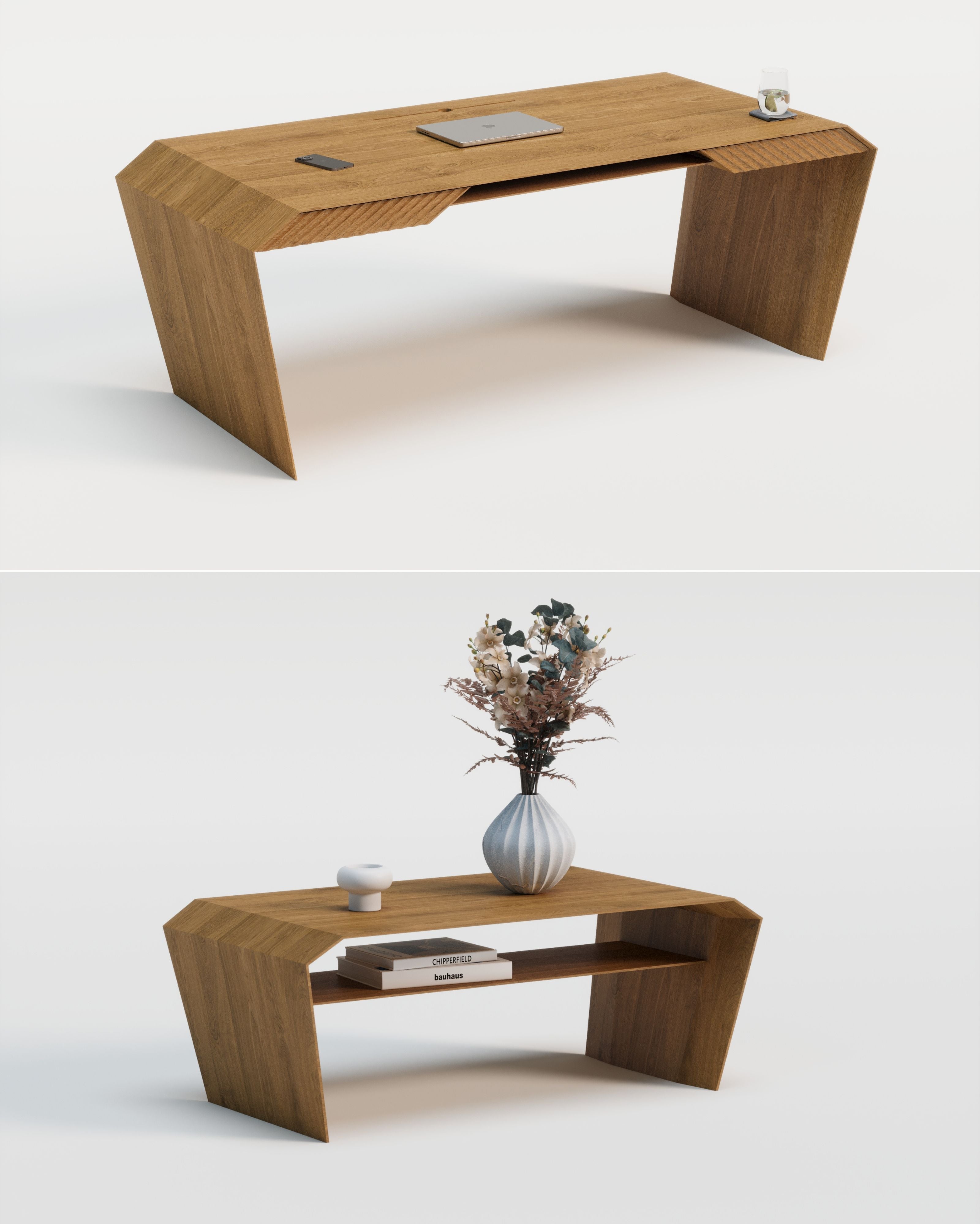 Design-Schreibtisch & Couchtisch aus Massivholz