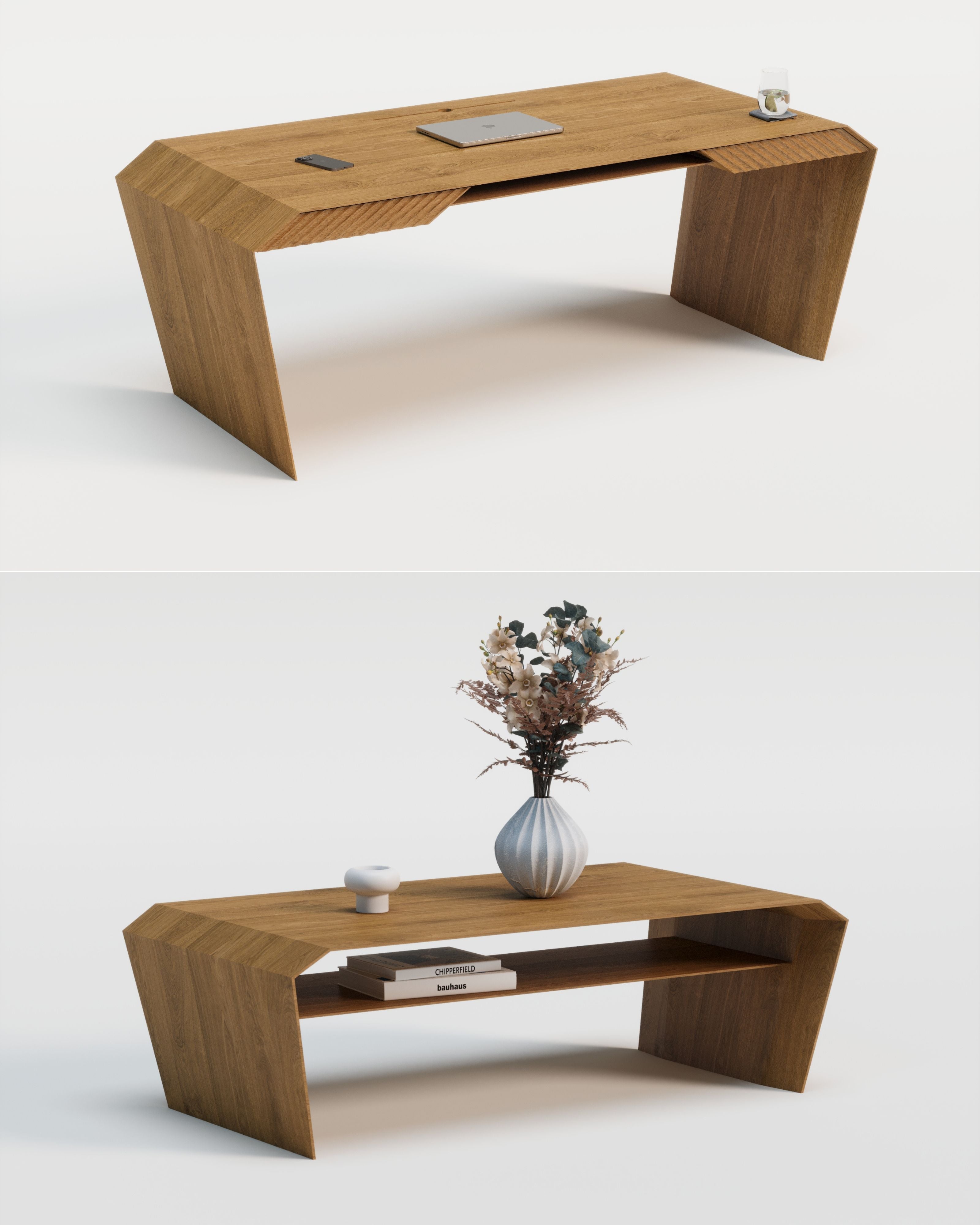Design-Schreibtisch & Couchtisch aus Massivholz