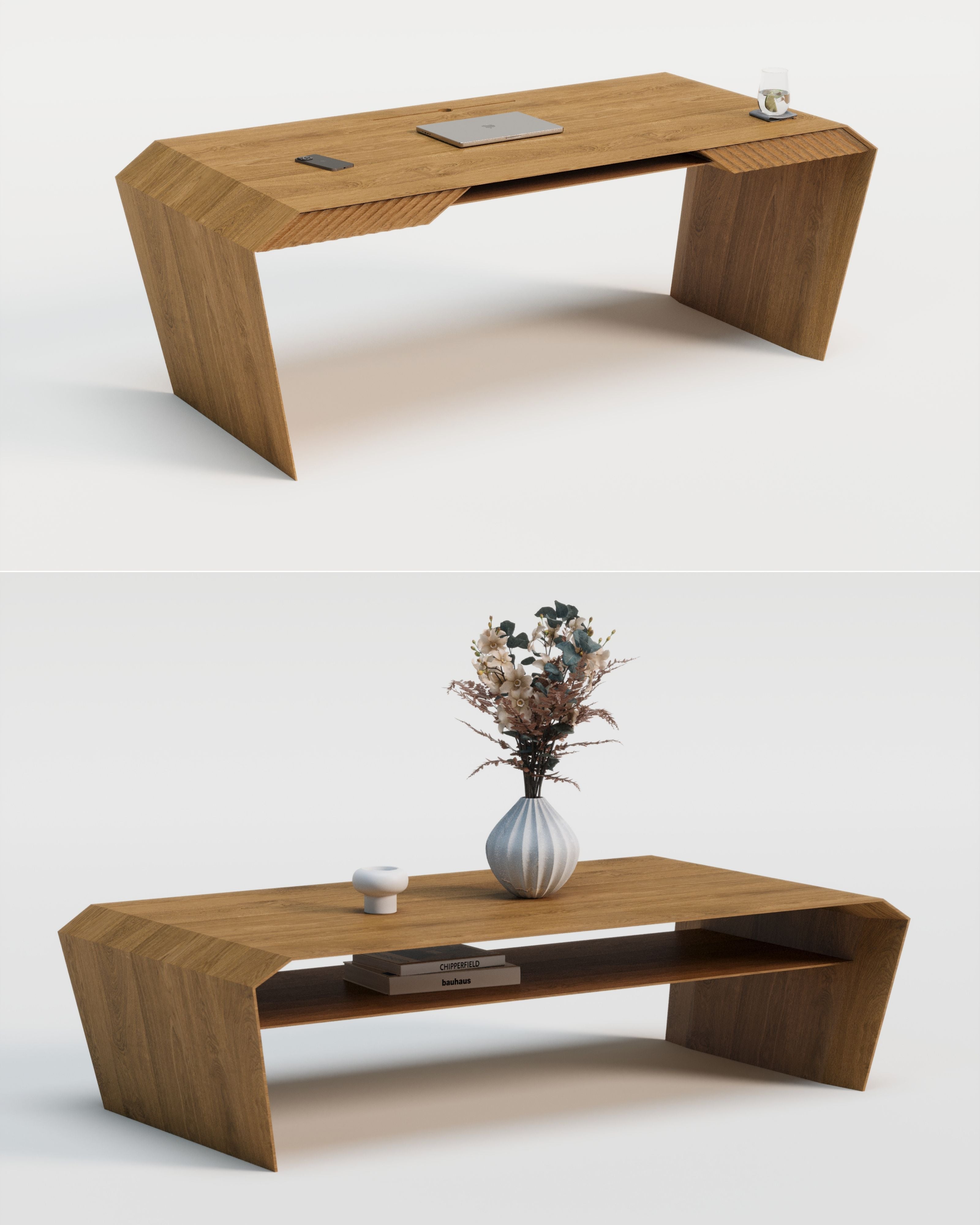 Design-Schreibtisch & Couchtisch aus Massivholz
