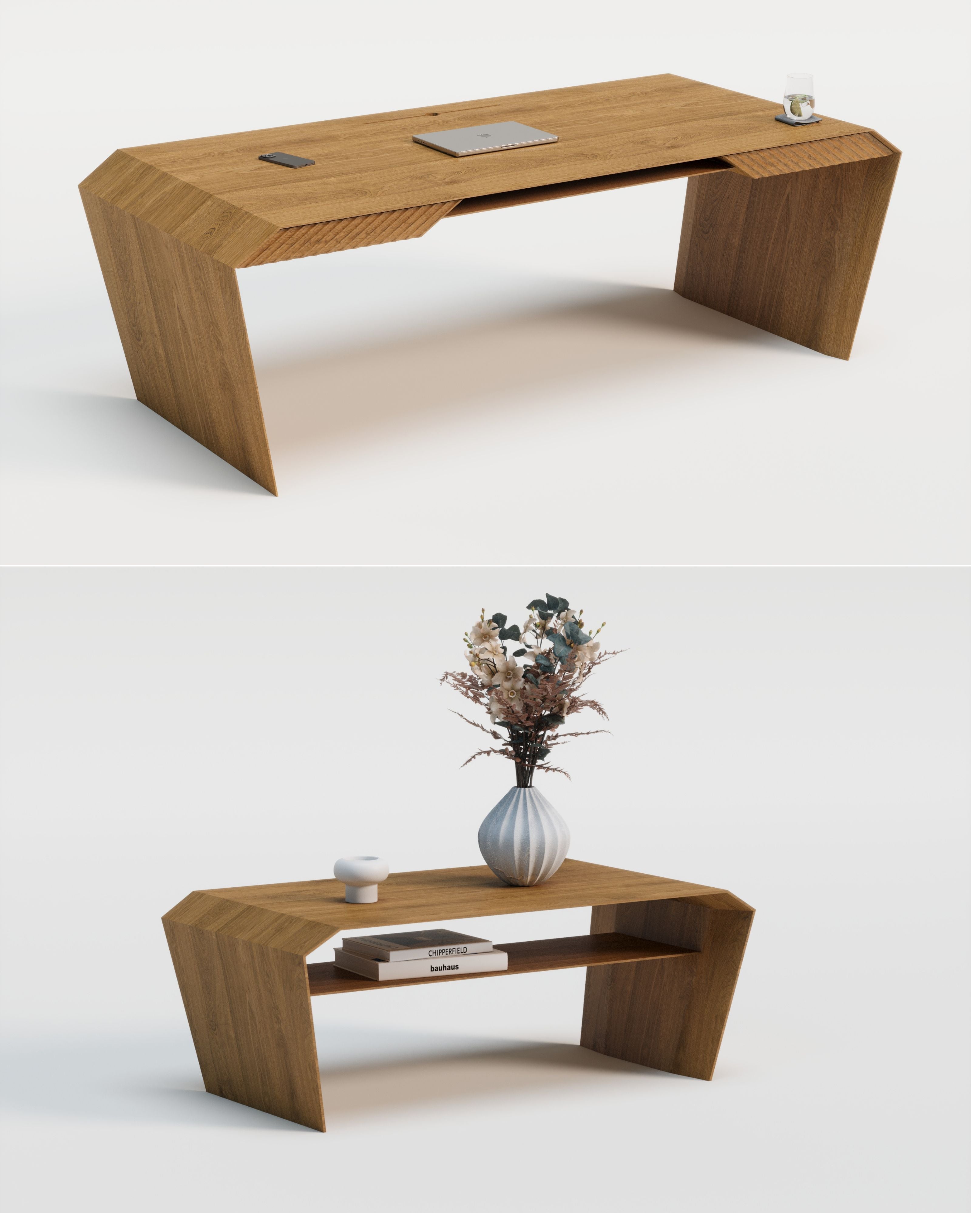 Design-Schreibtisch & Couchtisch aus Massivholz