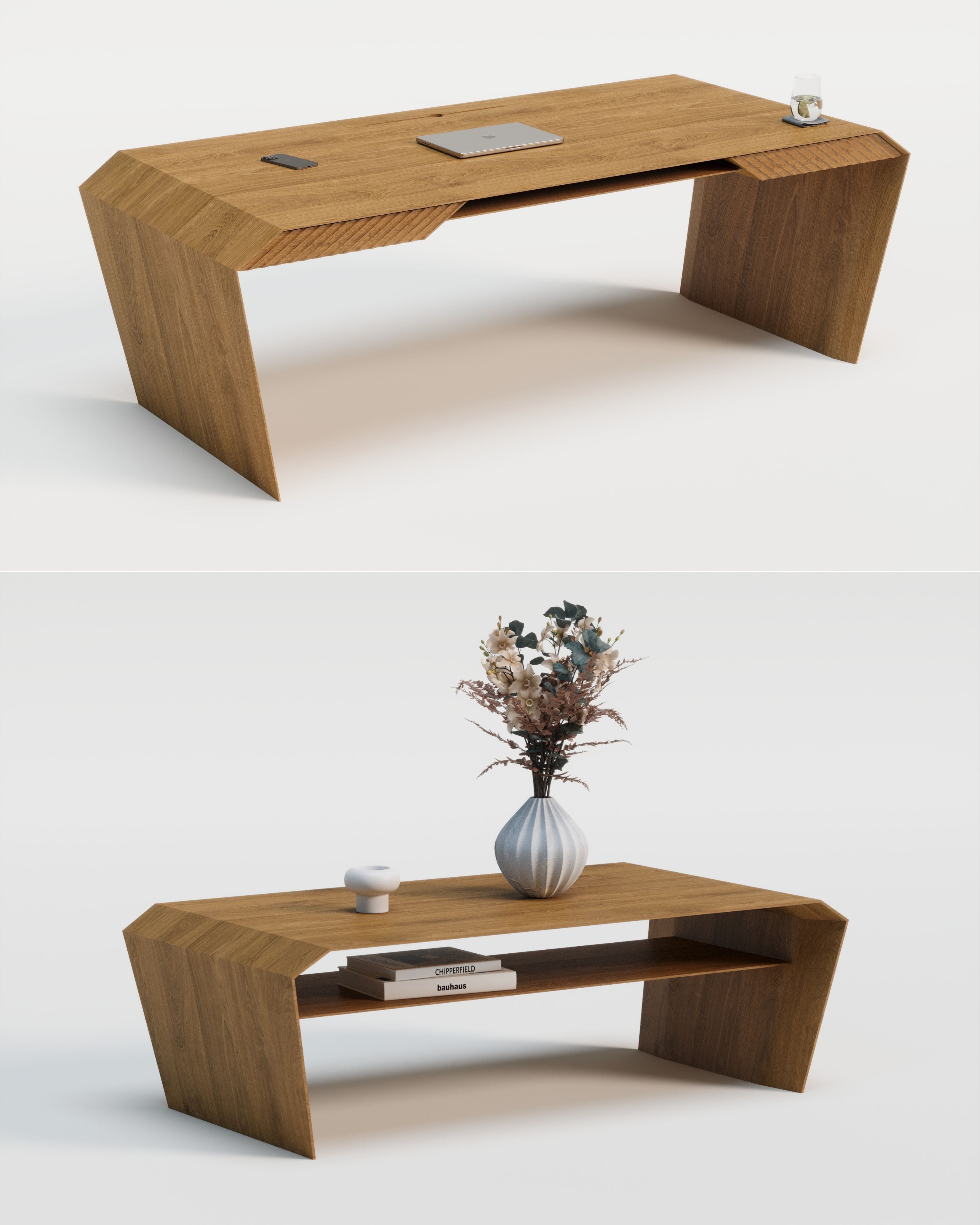Design-Schreibtisch & Couchtisch aus Massivholz