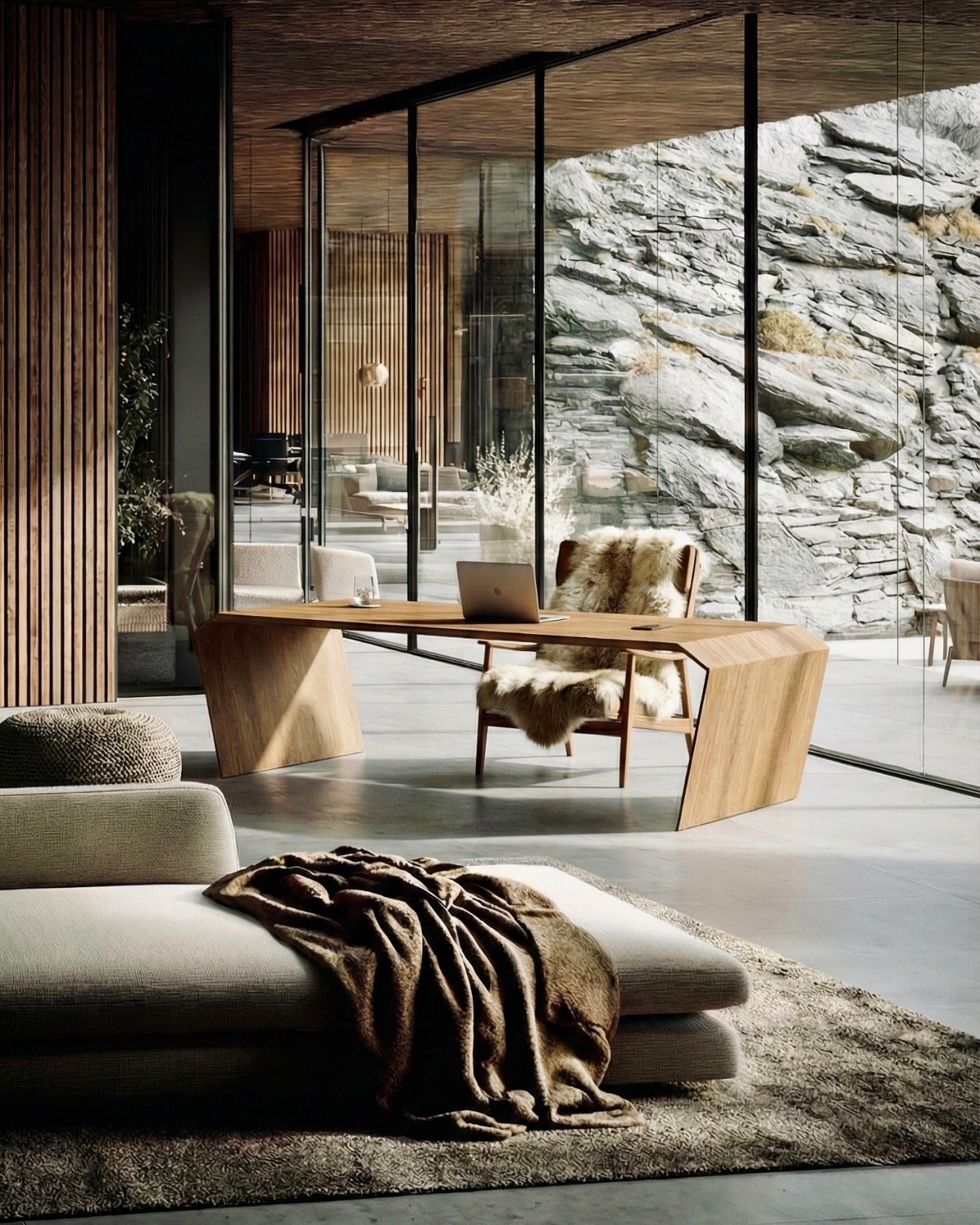 Work-Szene zum Ausklingen: modernes Sofa, warme Textilien und reduziertes Interior – Winter Second-Home Office von Edelholz