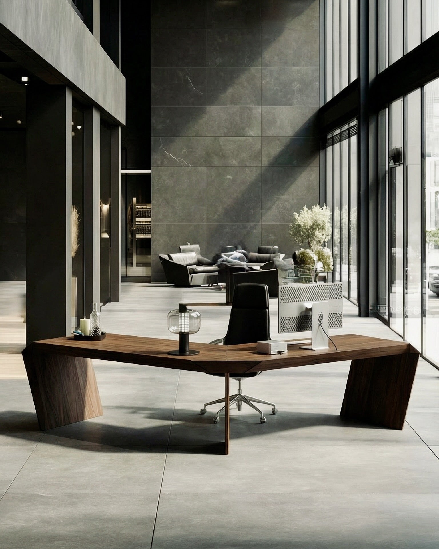 Executive Office Blackstone Look: dunkler Massivholz-Schreibtisch in Deep Walnut, edle Steinflächen, minimalistisch und repräsentativ