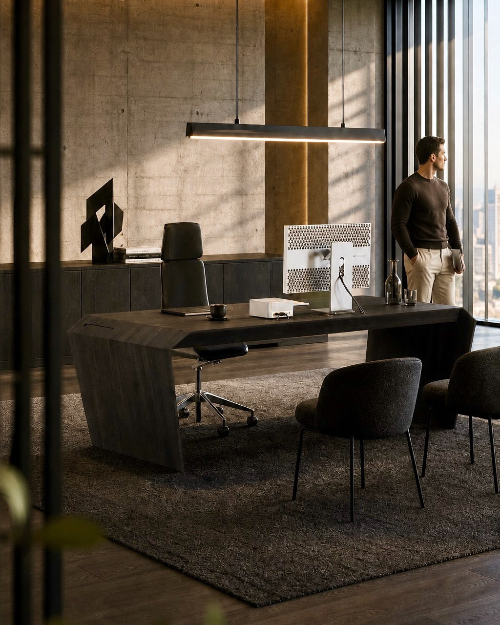 EDELHOLZ Schreibtisch in Midnight Noir in einem Chefbüro im Brutalist-Stil mit Betonwänden, Pendelleuchte und Stadtblick.