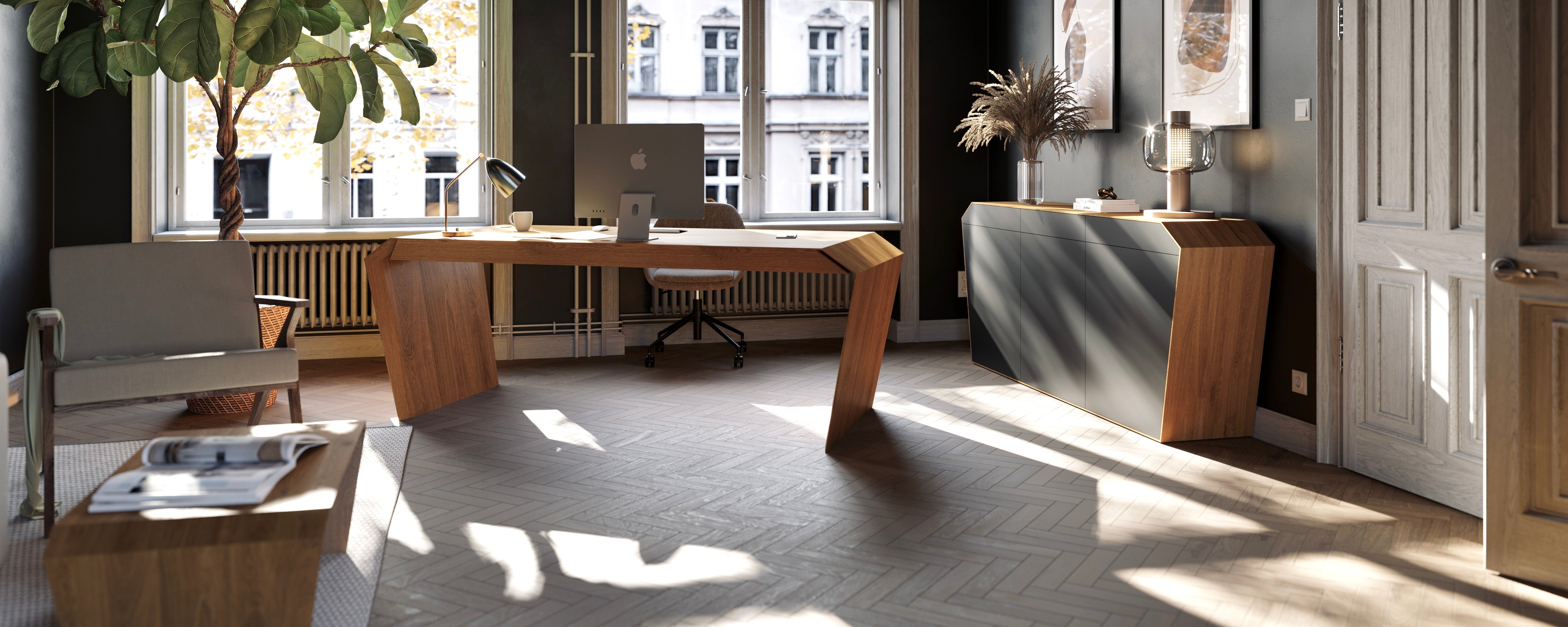 EDELHOLZ DeskPURE Schreibtisch und StudioPURE Sideboard in Eiche im Altbau-Büro mit Fischgrätparkett, Banner-Format
