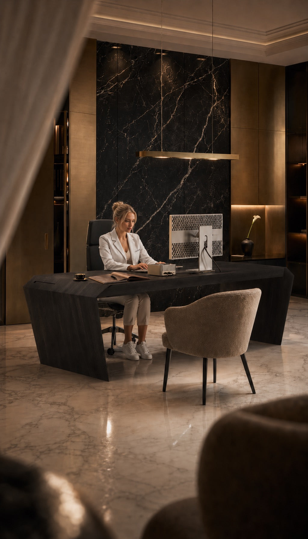 EDELHOLZ ArcPURE Eckschreibtisch in Midnight Noir in Premium-Arztpraxis mit Marmor-Wand und arbeitender Inhaberin