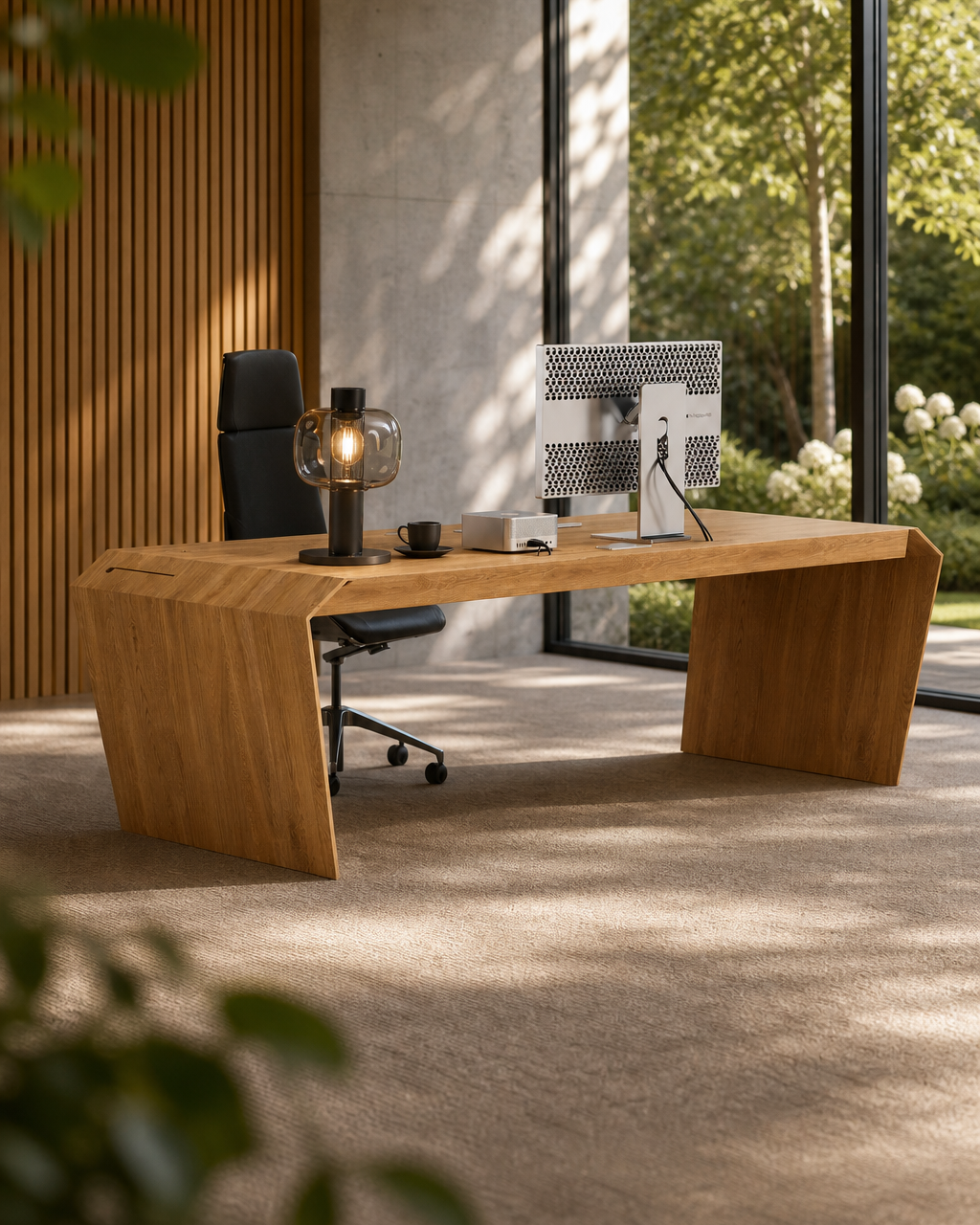 EDELHOLZ Massivholz-Schreibtisch in Golden Timber in einem Inhaberbüro mit Holzlamellenwand, Monitor und Gartenblick.