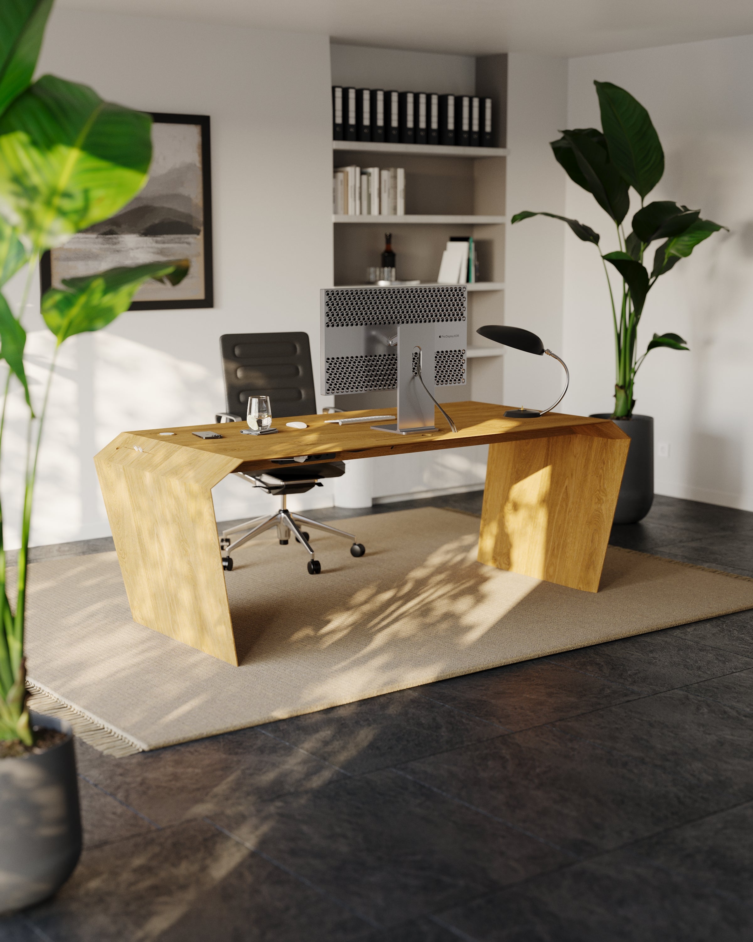 EDELHOLZ ArcPURE Eckschreibtisch in Eiche im hellen Home Office mit Curved-Monitor, Lederstuhl, Pflanzen und Bücherregal im Studio-Render