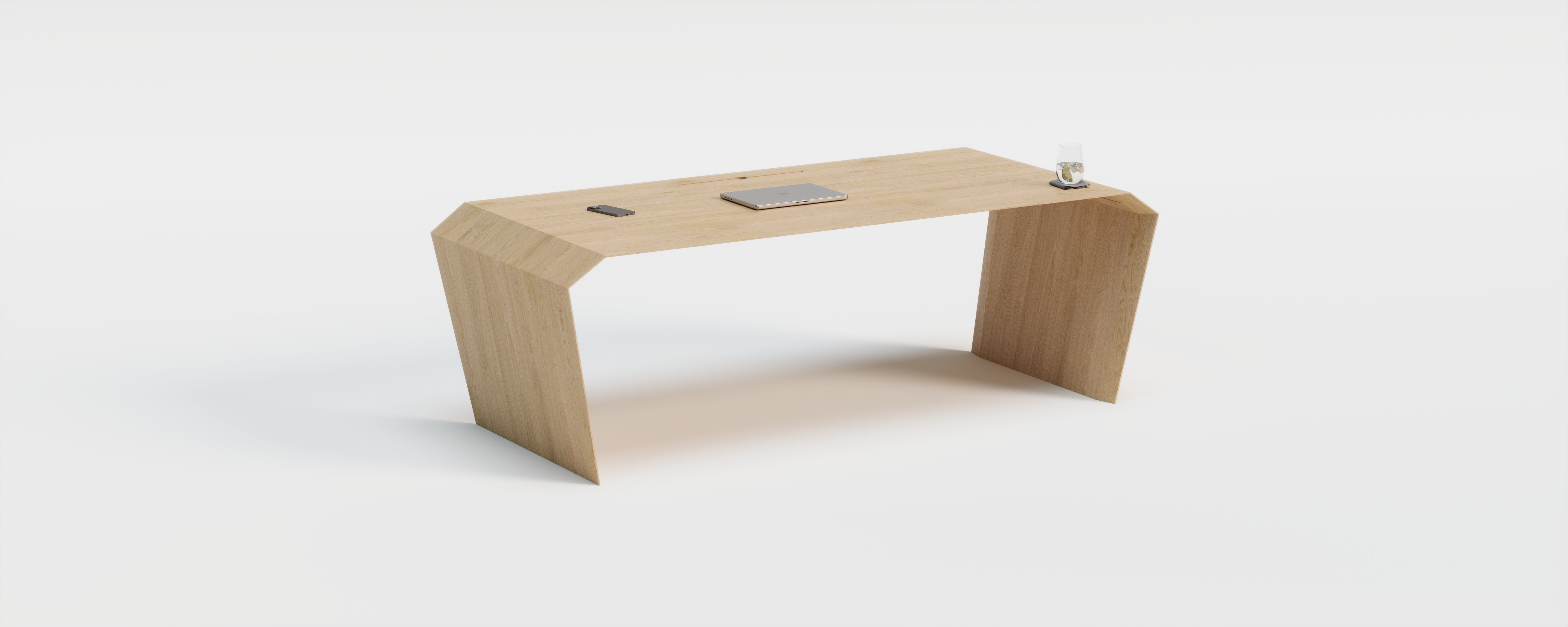 EDELHOLZ DeskPURE Schreibtisch 200 × 100 cm in Eiche gekalkt, Studio-Render von schräg vorne