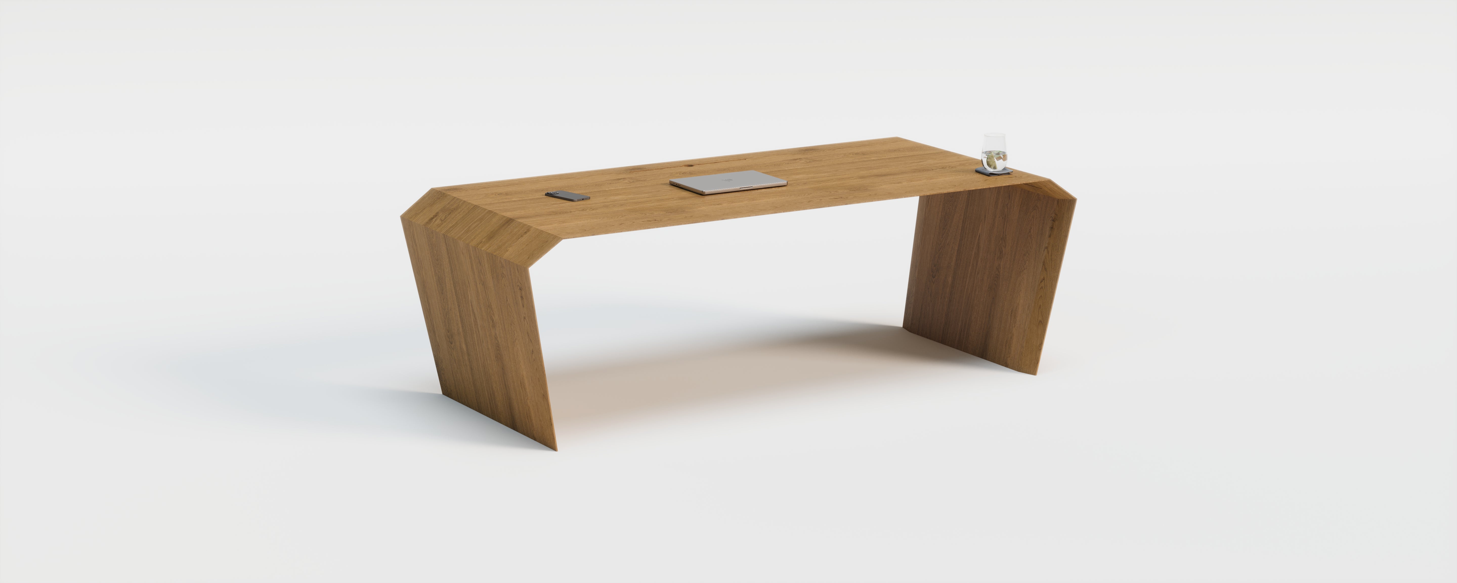 EDELHOLZ DeskPRO Schreibtisch 200 × 100 cm in Eiche natur breit mit Laptop und Wasserglas im Studio-Render