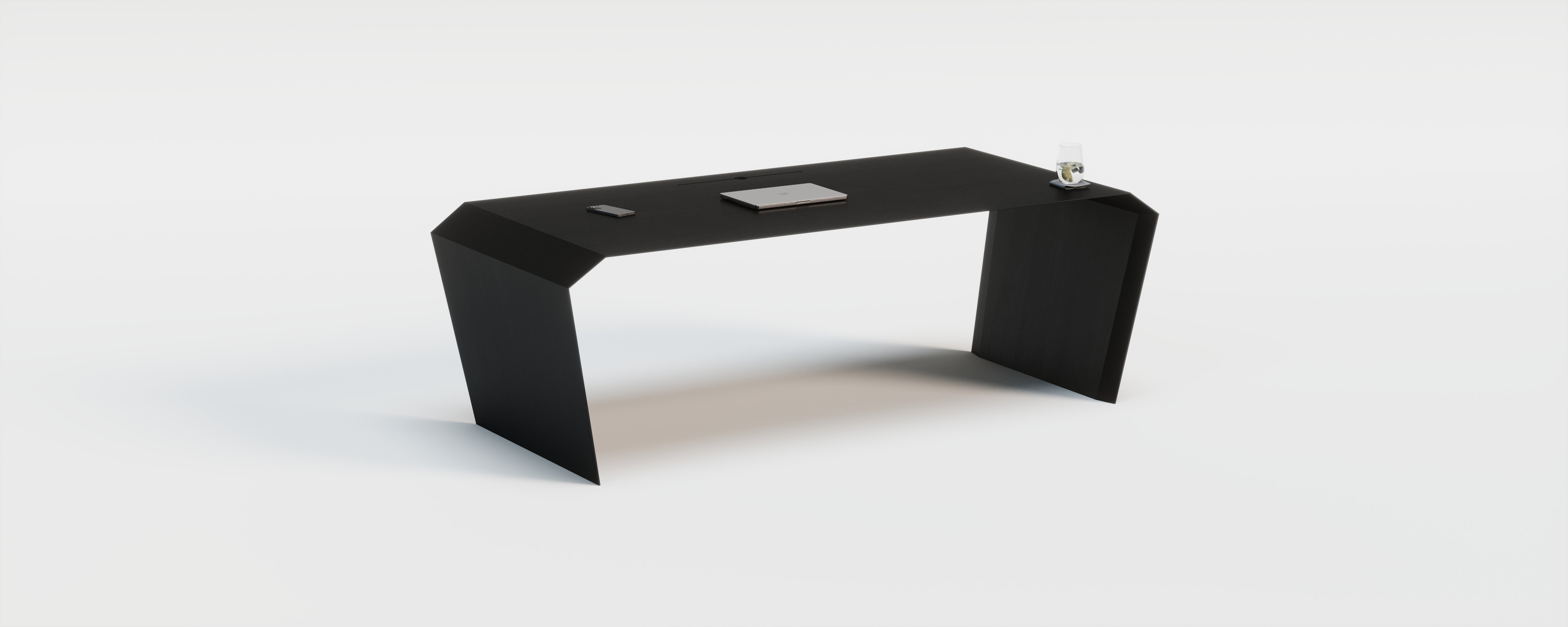 EDELHOLZ DeskPRO Schreibtisch 200 × 100 cm in Midnight Noir breit mit Laptop und Wasserglas im Studio-Render