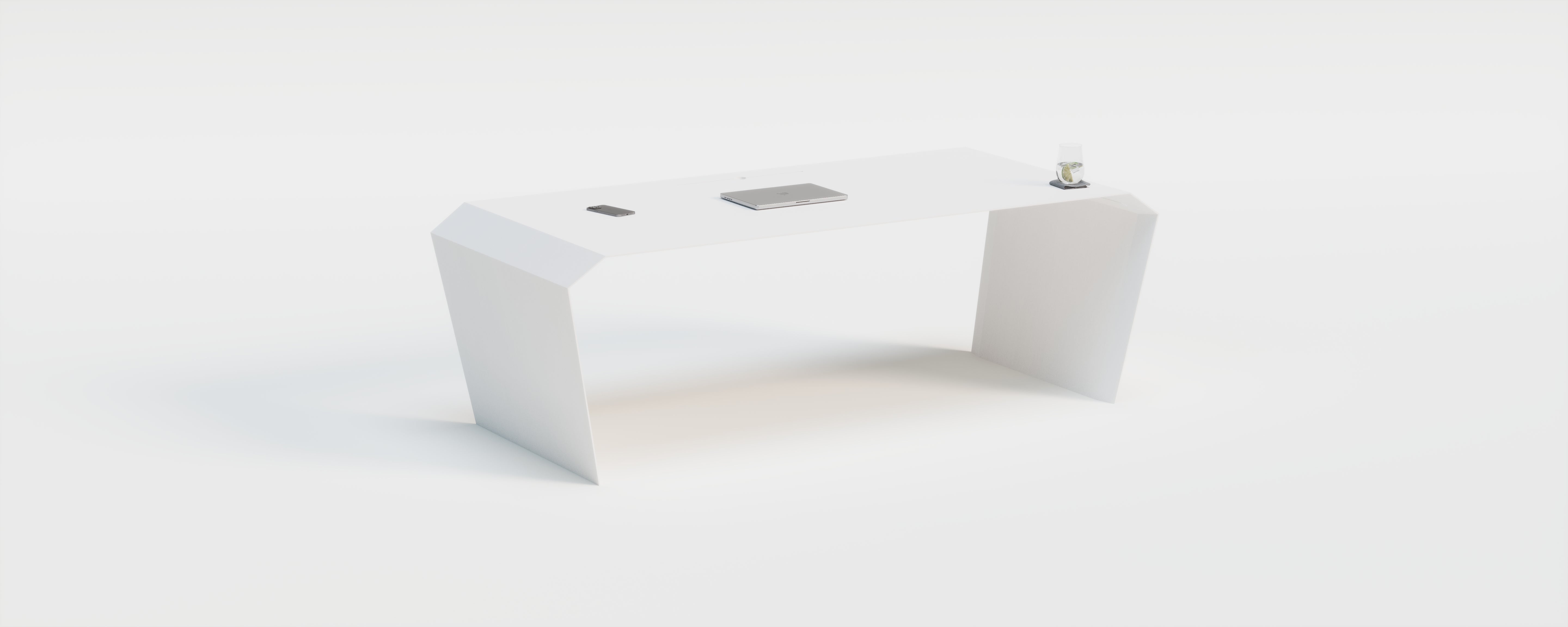 EDELHOLZ DeskPRO Schreibtisch 200 × 100 cm in Glacier White breit mit Laptop und Wasserglas im Studio-Render