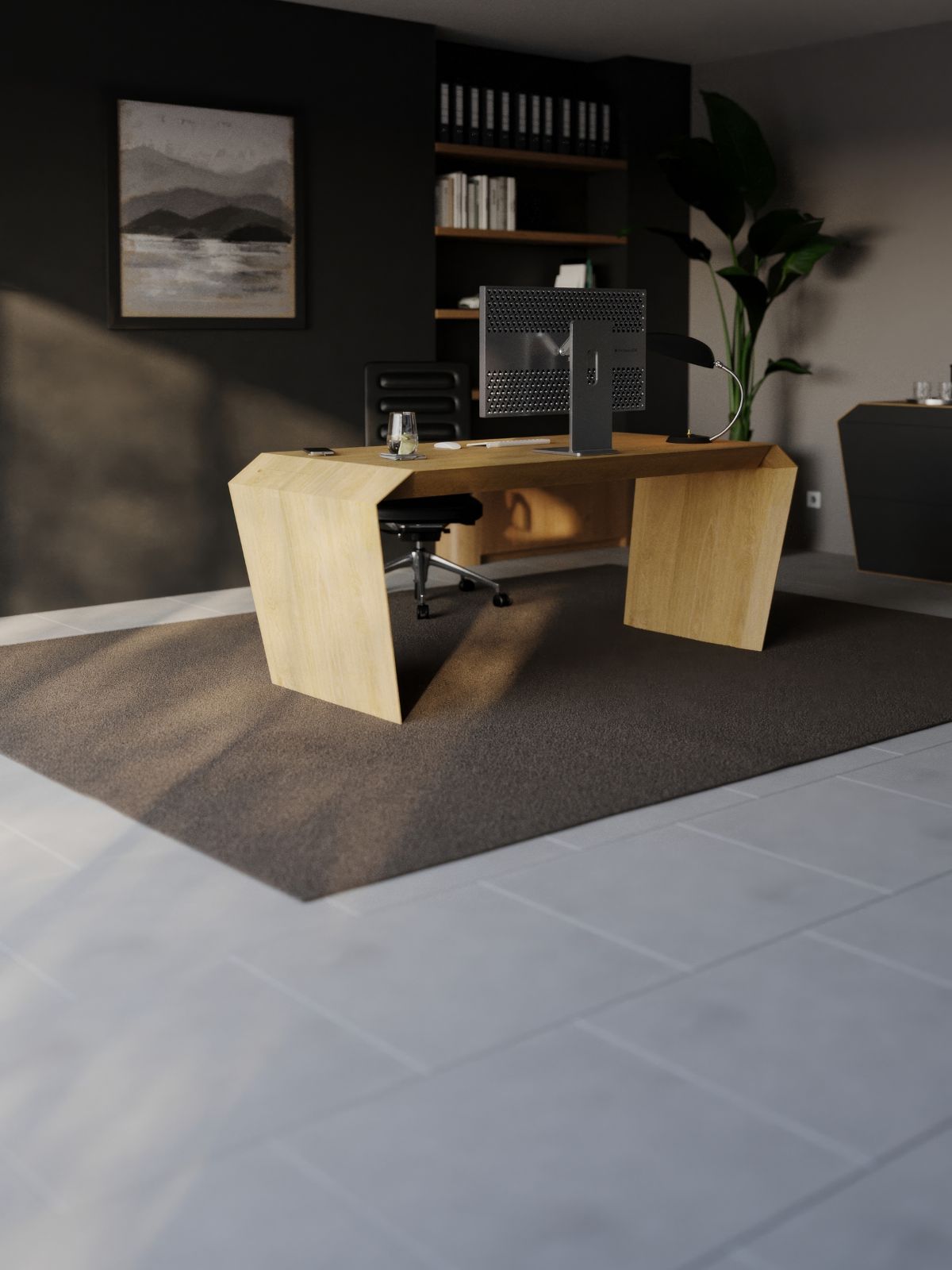 EDELHOLZ DeskPURE Schreibtisch in heller Eiche im dunklen Home Office mit Wandbild und Pflanze, Studio-Render