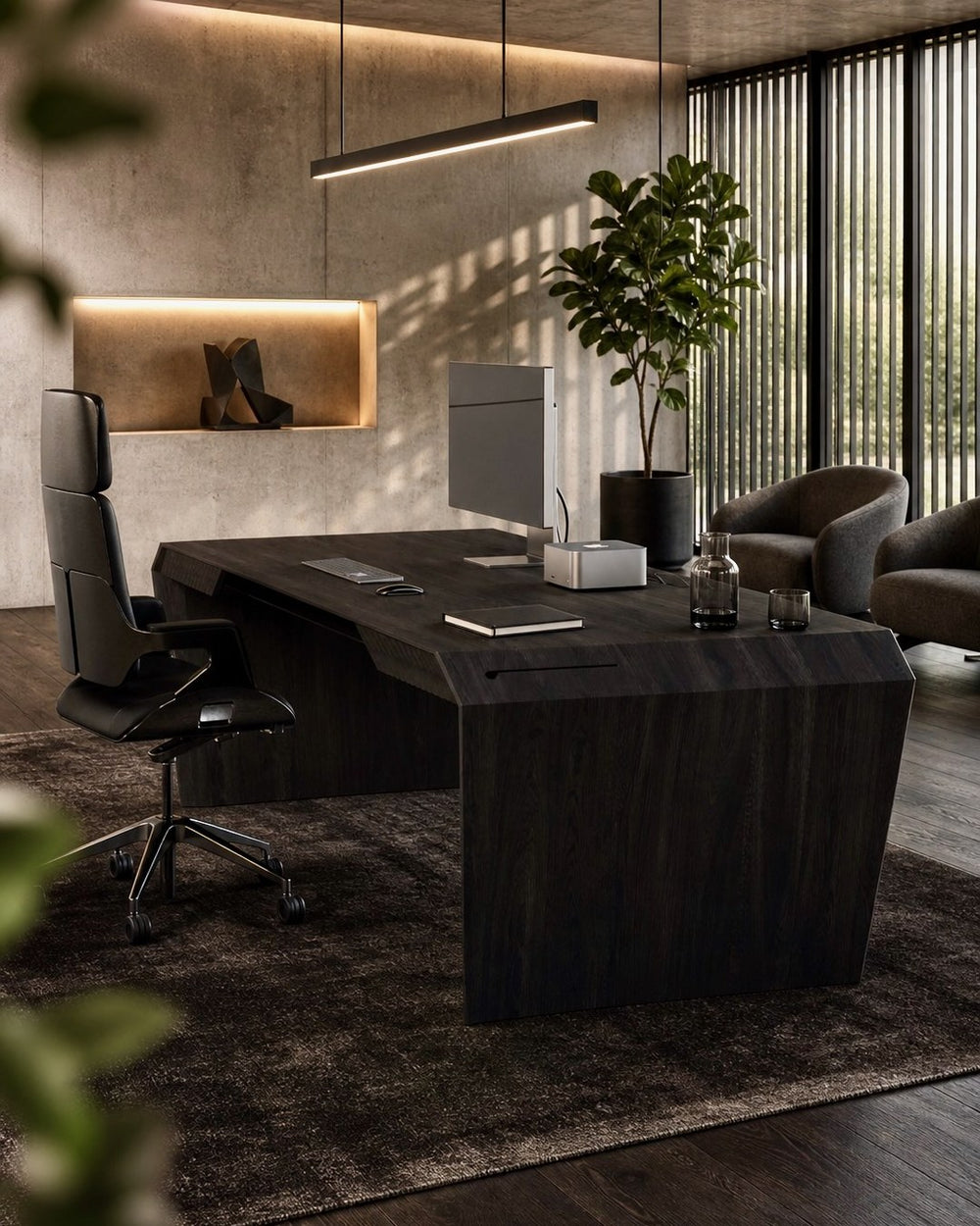 CEO Brutalist Konzept – CEO Büro mit DeskPRO und Wand-Nische, Lederstuhl, Skulptur