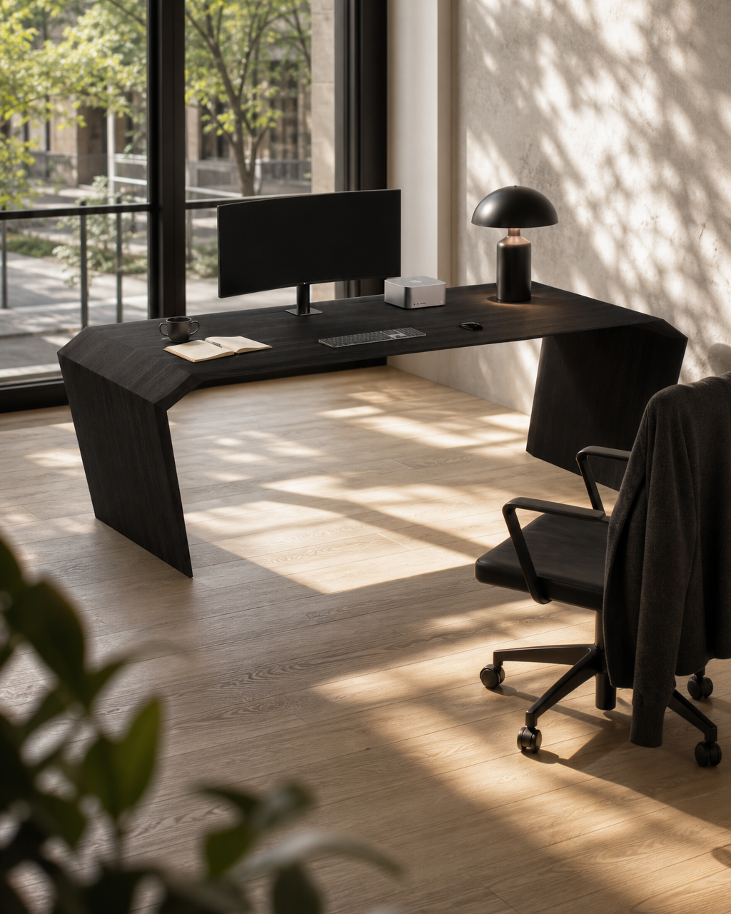 EDELHOLZ Schreibtisch in Midnight Noir in einem modernen Büro mit Monitor, Designstuhl und bodentiefer Fensterfront.
