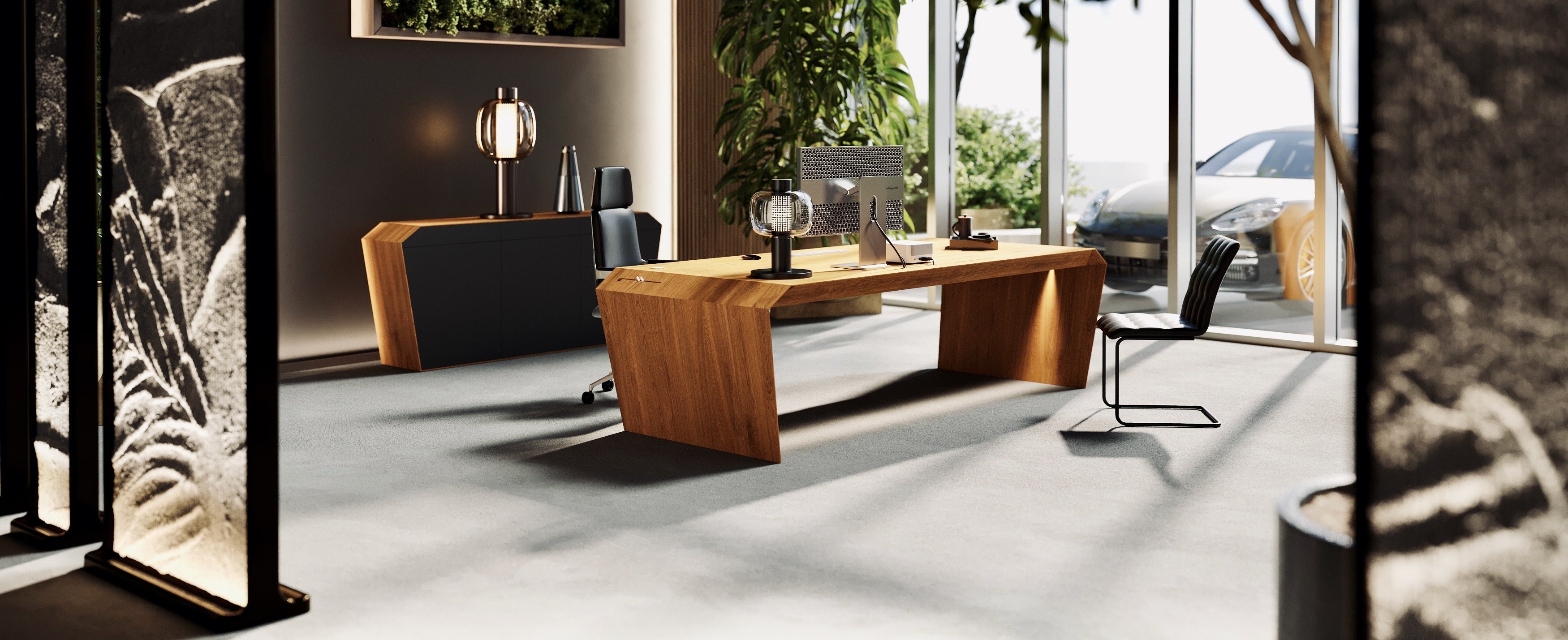 EDELHOLZ Schreibtisch mit integrierten Add-ons – CableHIDE, PowerLINK und SmartCHARGE im Massivholz-Design