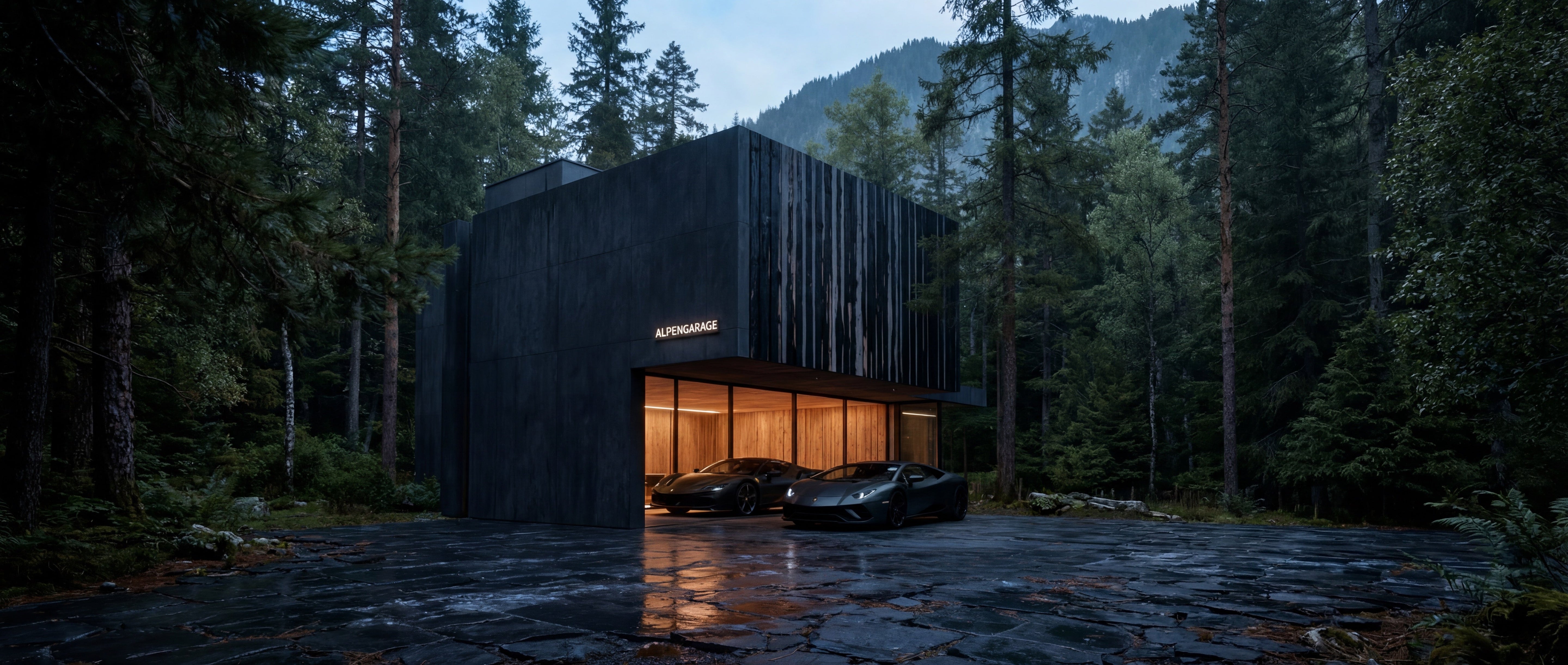 Alpengarage Konzept – Dark-Showroom für Supersportwagen mit zwei Lamborghini vor schwarzer Sichtbeton-Fassade