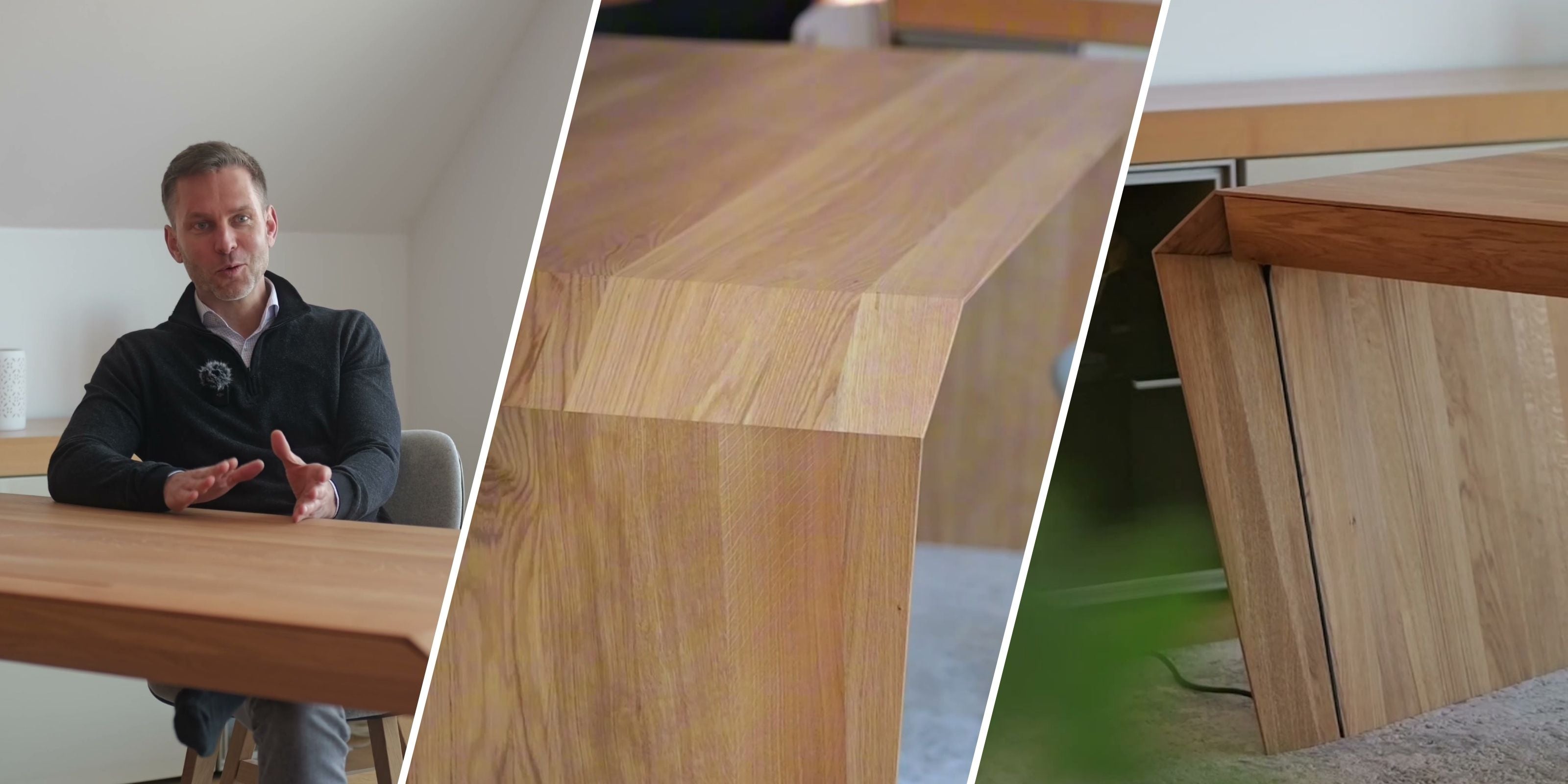 Björn Mauersberger DeskPURE Homeoffice — Geschäftsführer am Massivholz-Schreibtisch Eiche mit Detail Schweizer Kante und Bein