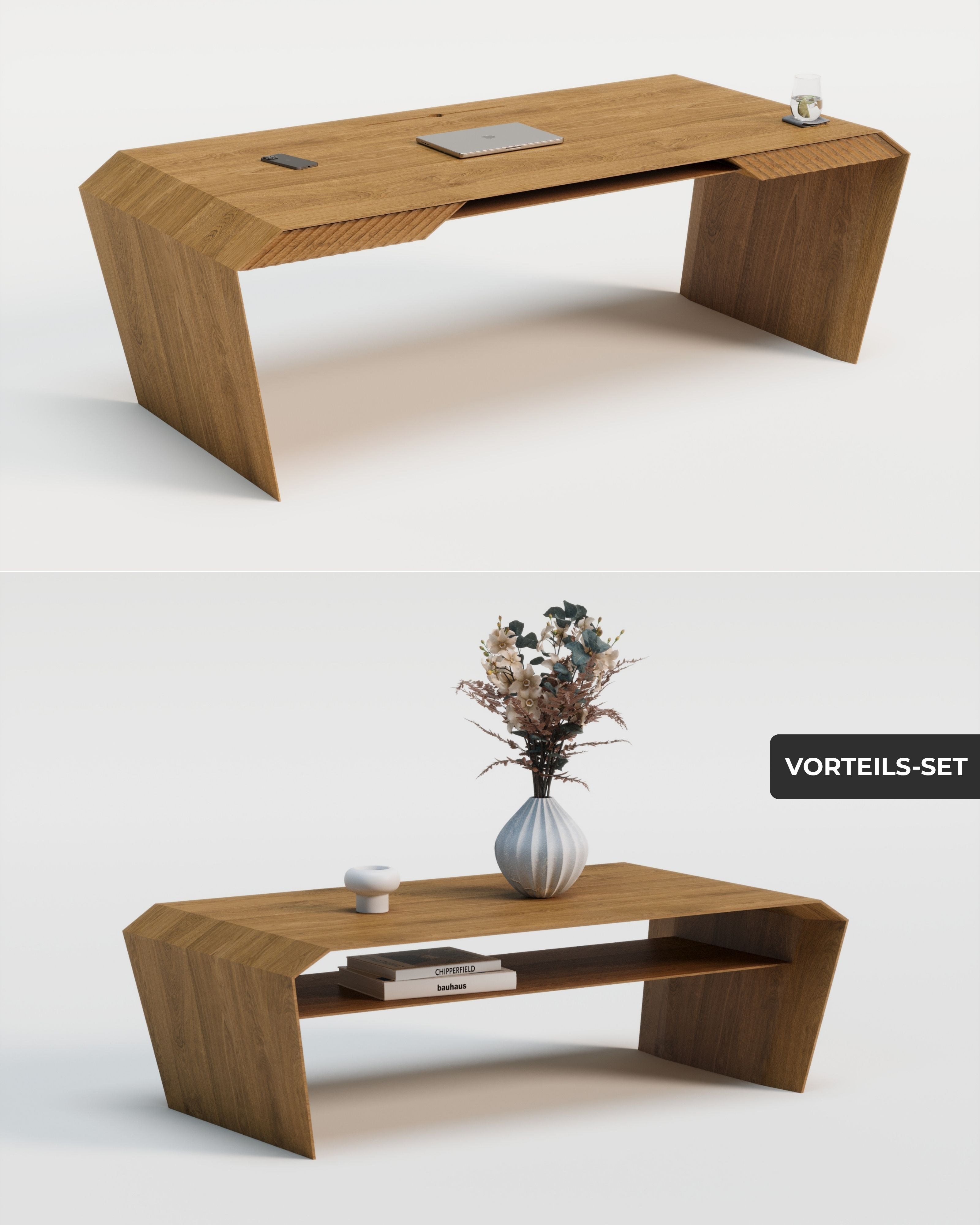 Design-Schreibtisch & Couchtisch aus Massivholz