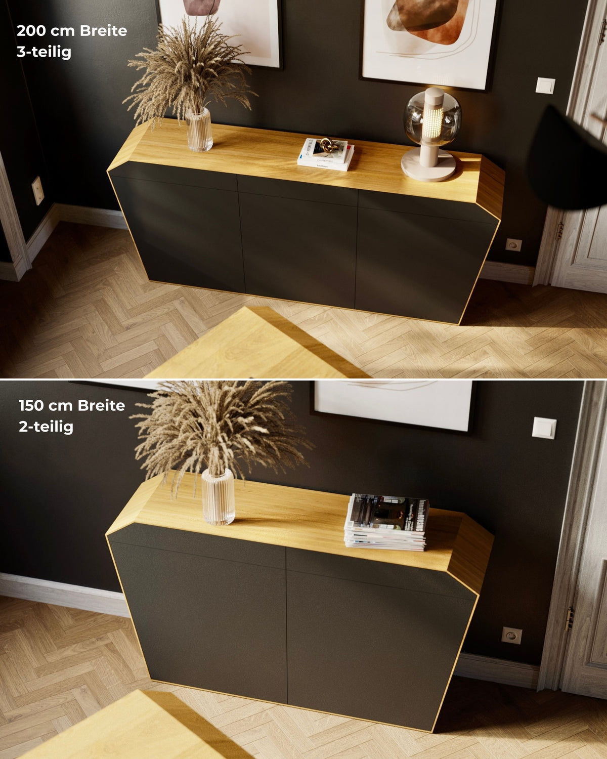 EDELHOLZ StudioPURE Sideboard in Eiche und Schwarz, Größenvergleich 200 cm 3-teilig und 150 cm 2-teilig im Studio-Render