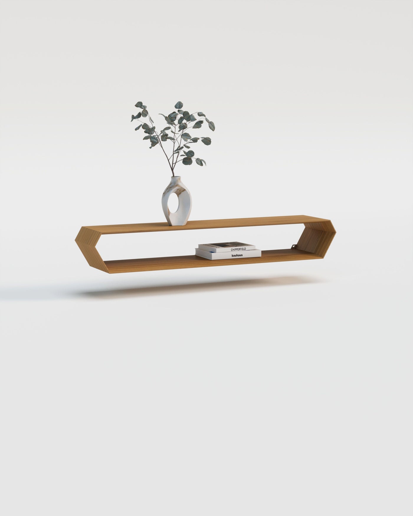 EDELHOLZ ShelfPURE Wandregal aus Eiche mit Vase und Eukalyptus-Zweig sowie Architekturbüchern im hellen Studio-Render