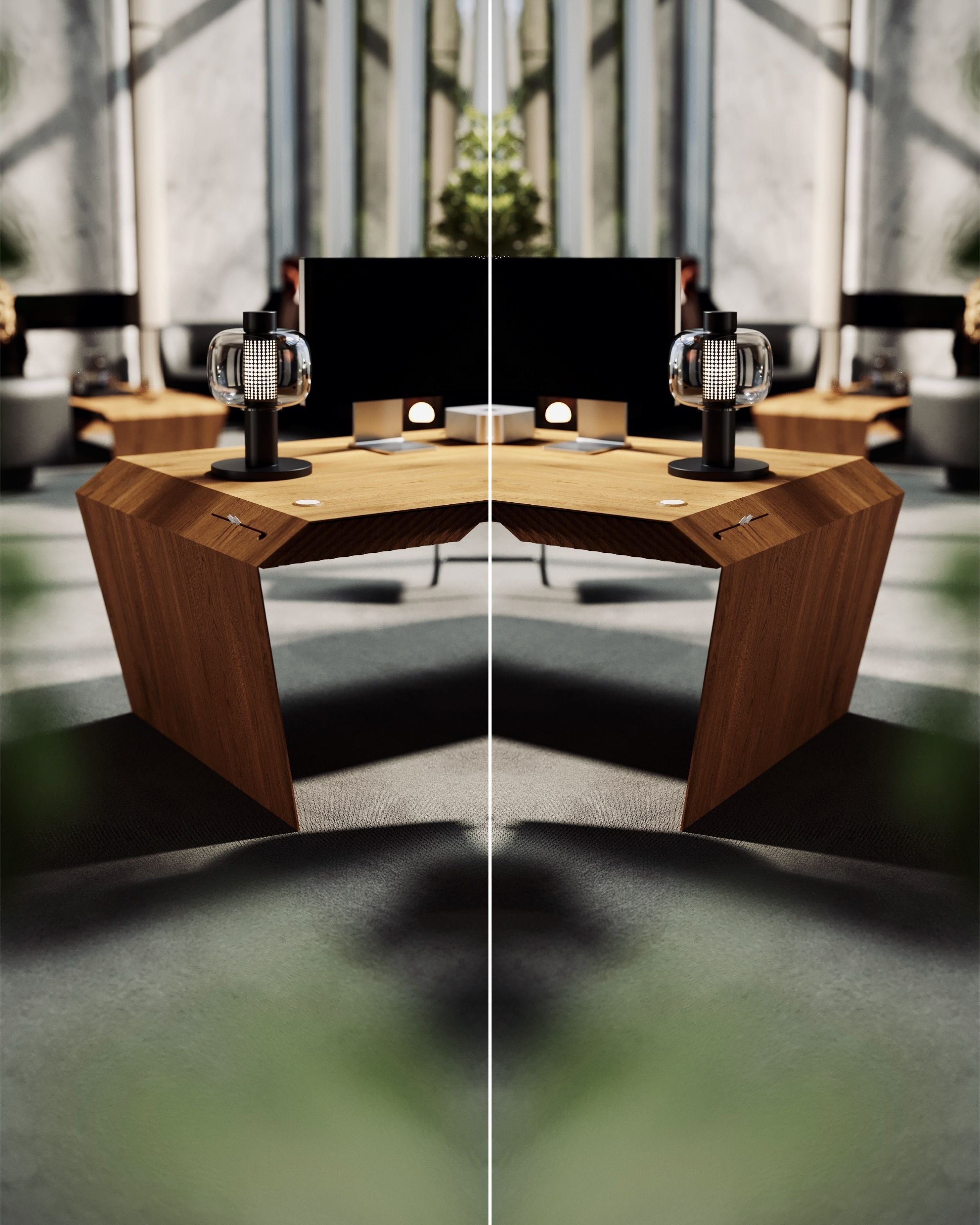 EDELHOLZ ArcPURE Eckschreibtisch in Eiche, Spiegelansicht mit seitlichem Kabeldurchlass, Tischlampe und Monitor im Studio-Render