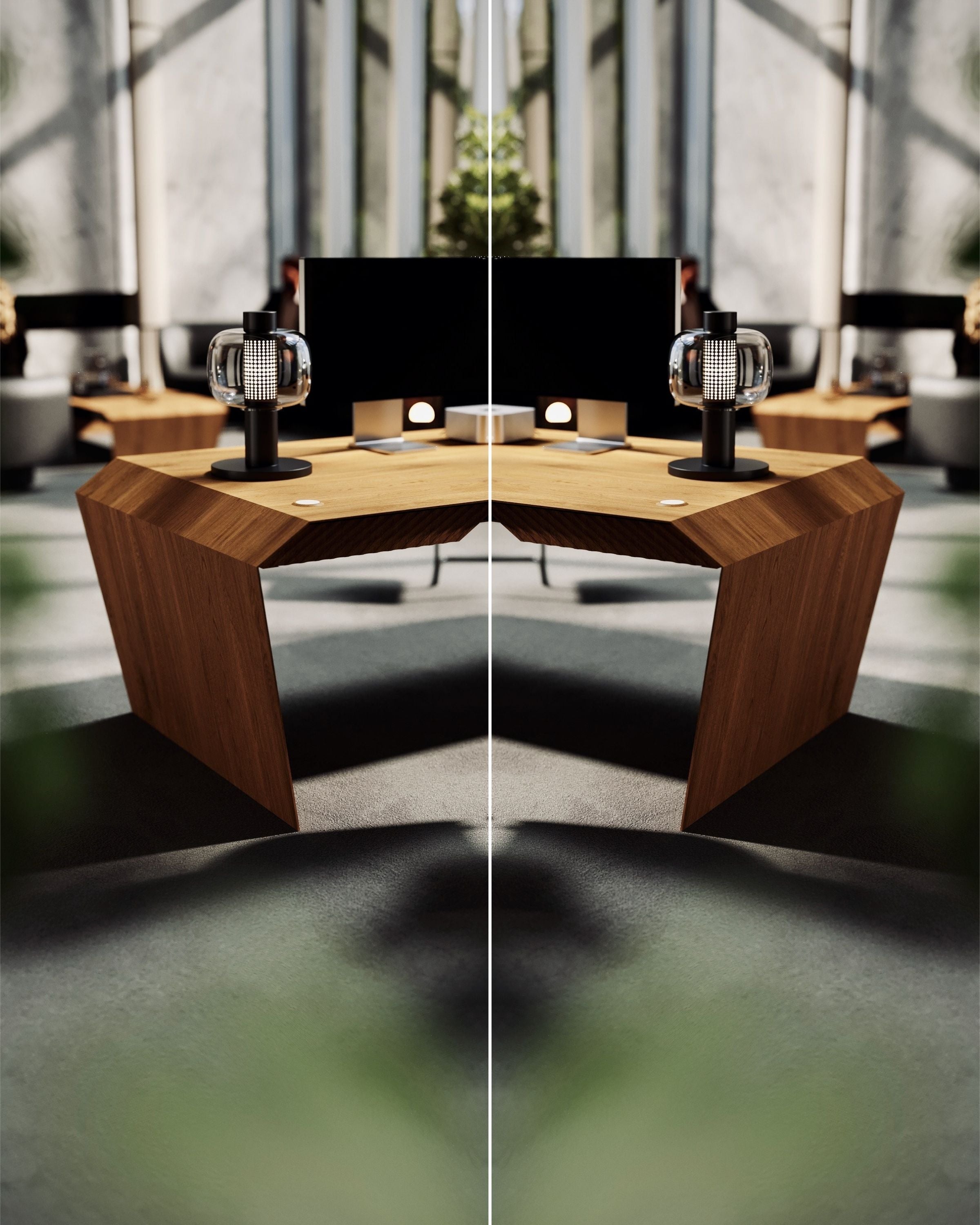 EDELHOLZ ArcPURE Eckschreibtisch in Eiche im symmetrischen Studio-Render mit Tischlampe, Monitor und seitlichem Kabeldurchlass