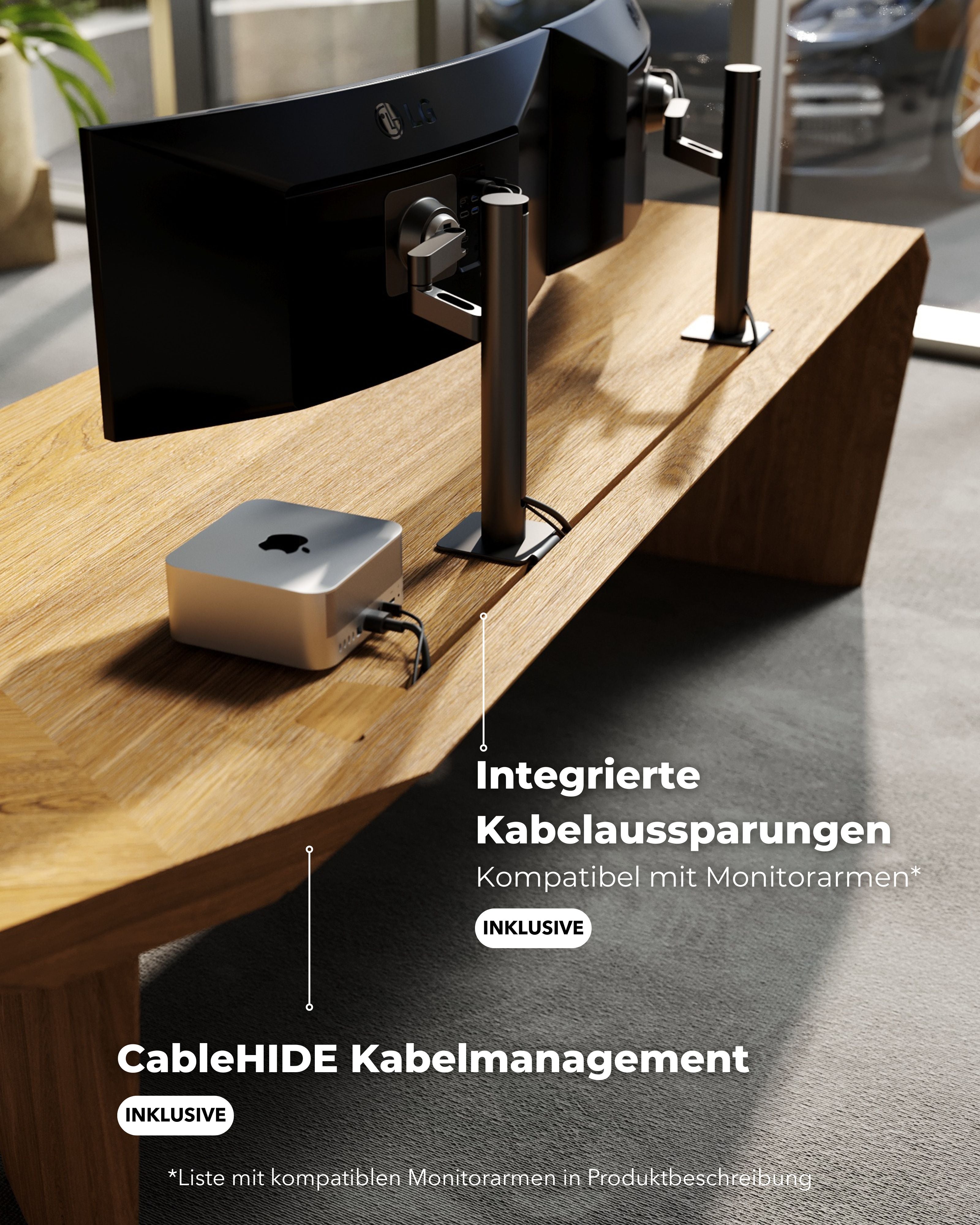 Kabelmanagement am Chefschreibtisch: ArcPURE Eckschreibtisch L-Form mit zentralen/seitlichen Durchlässen