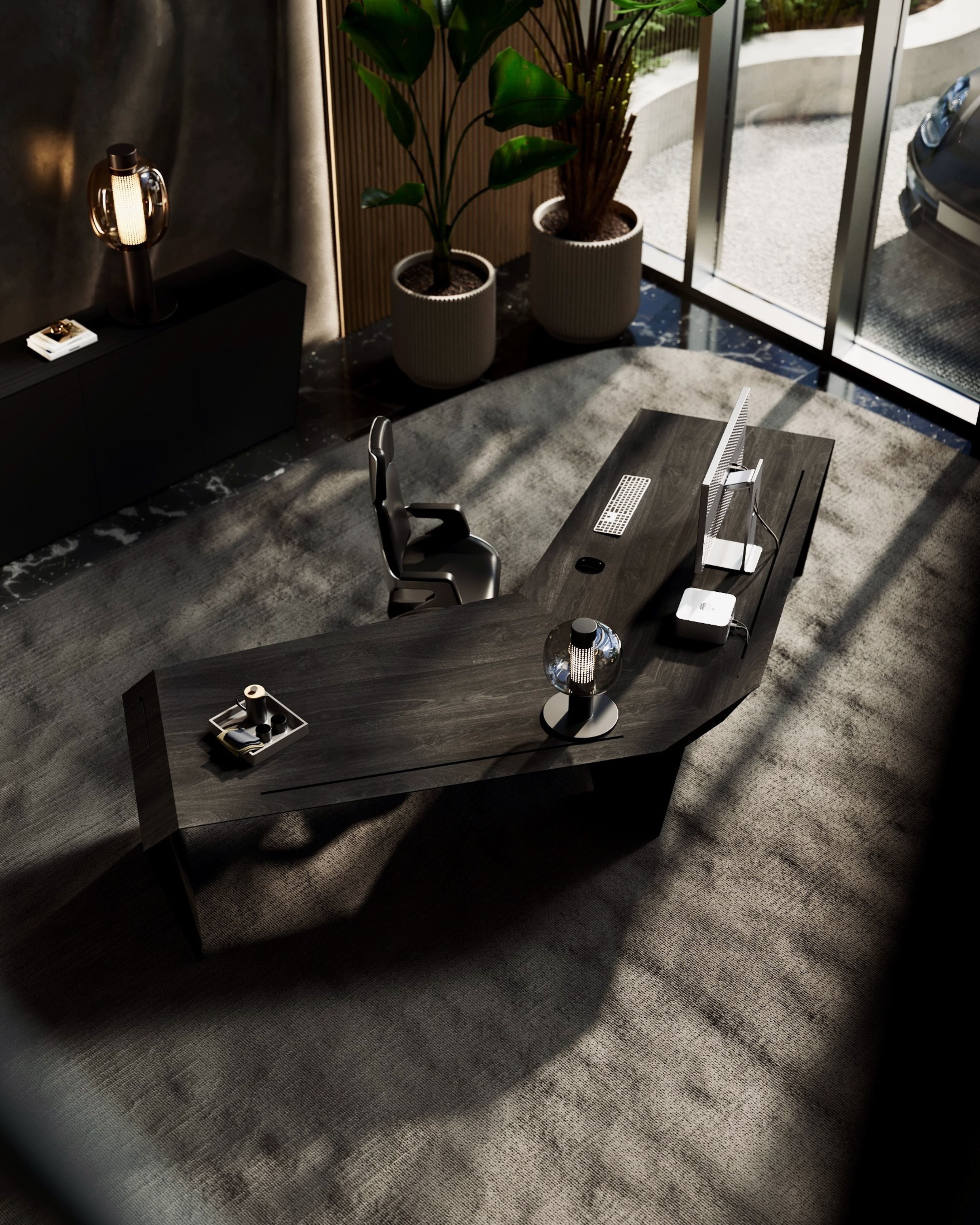 Chefschreibtisch in Schwarz: ArcPURE Eckschreibtisch L-Form, Finish Midnight Noir