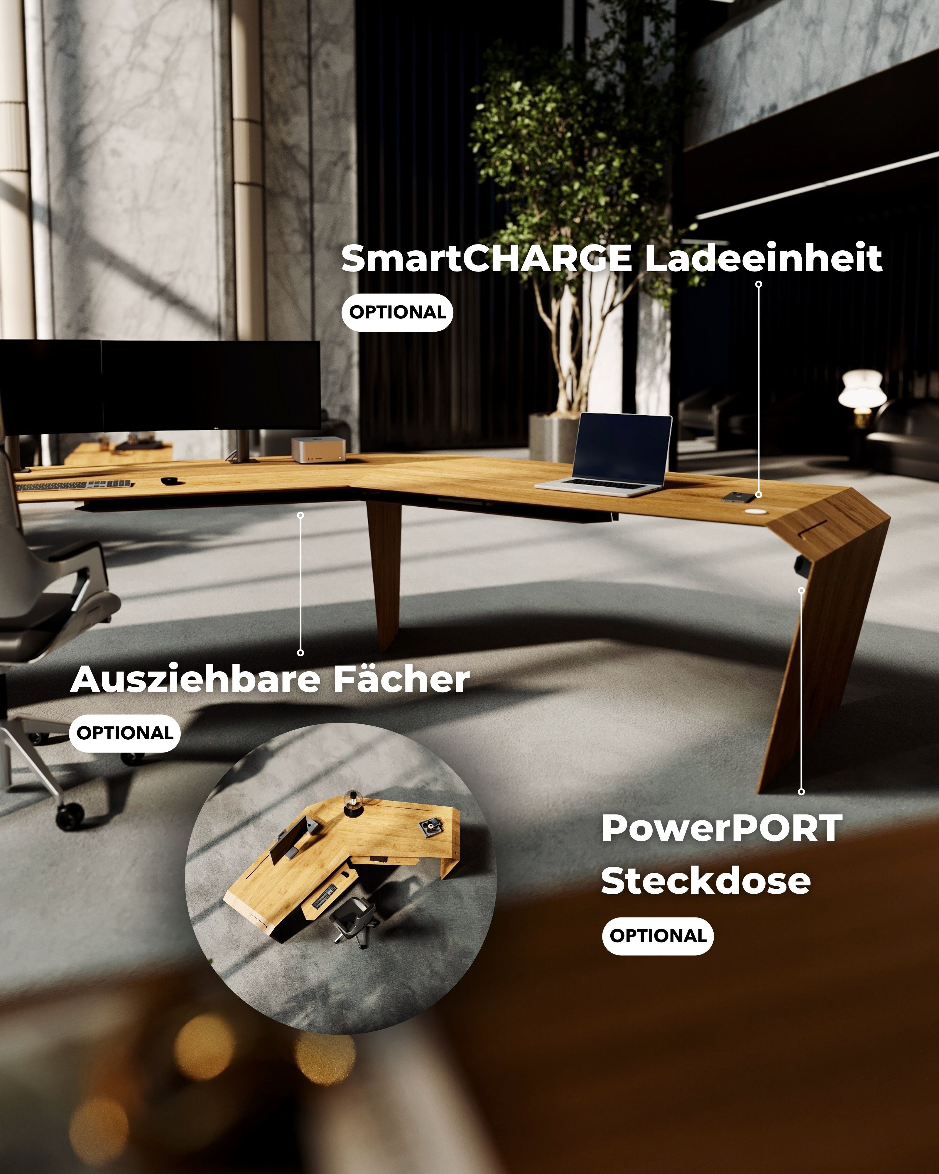 Add-ons für den Chefschreibtisch: SmartCHARGE (MagSafe), PowerPORT, ausziehbare Fächer