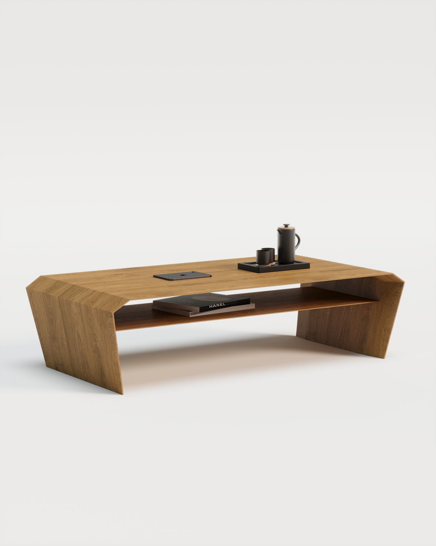 EDELHOLZ LoungePURE Couchtisch 120 × 70 cm in Golden Timber Eiche mit Ablagefach, Studio-Render von schräg vorne